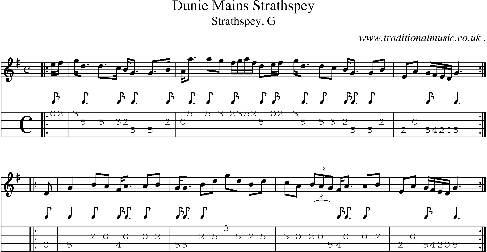 Sheet-music  score, Chords and Mandolin Tabs for Dunie Mains Strathspey