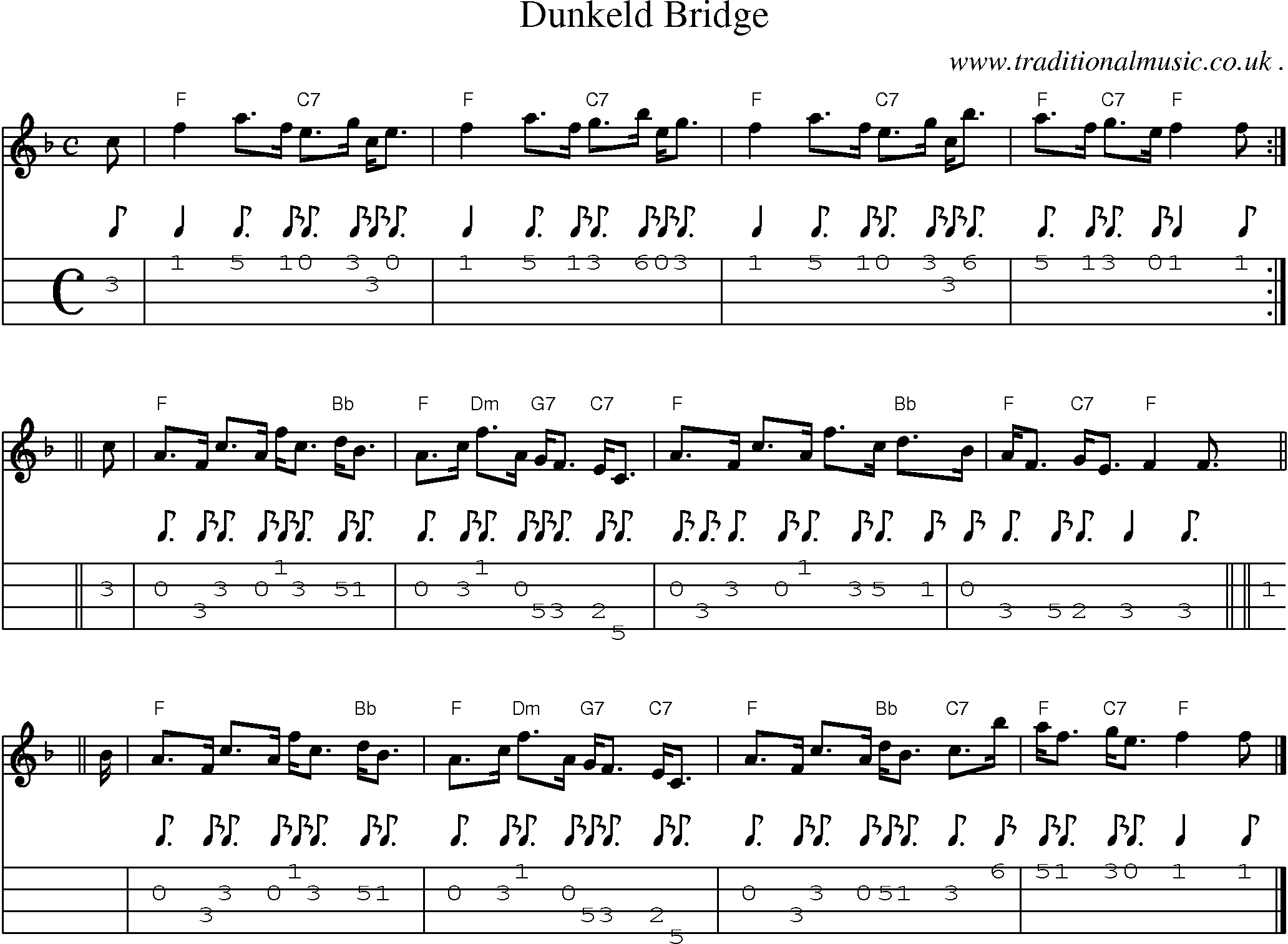 Sheet-music  score, Chords and Mandolin Tabs for Dunkeld Bridge