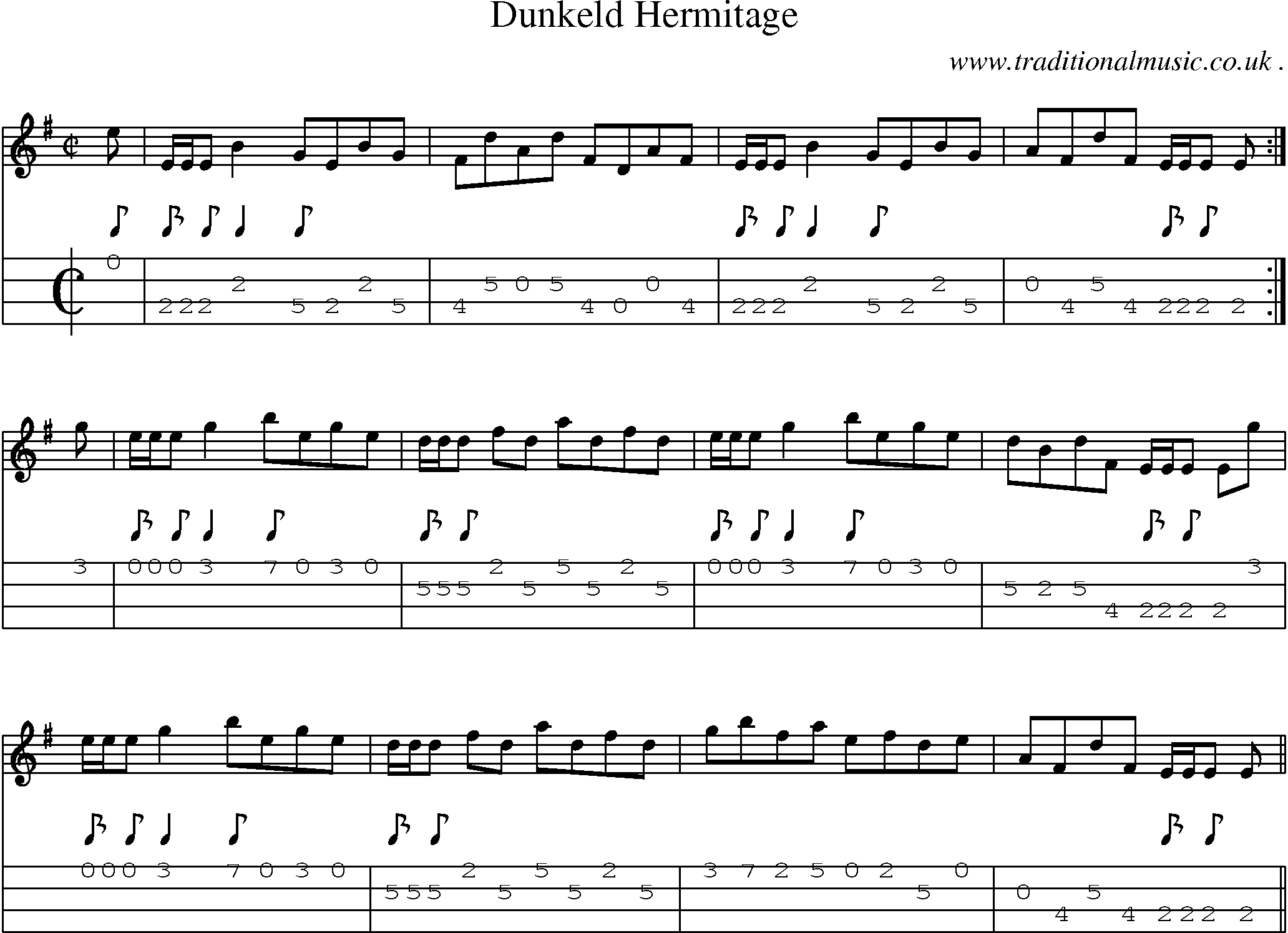 Sheet-music  score, Chords and Mandolin Tabs for Dunkeld Hermitage