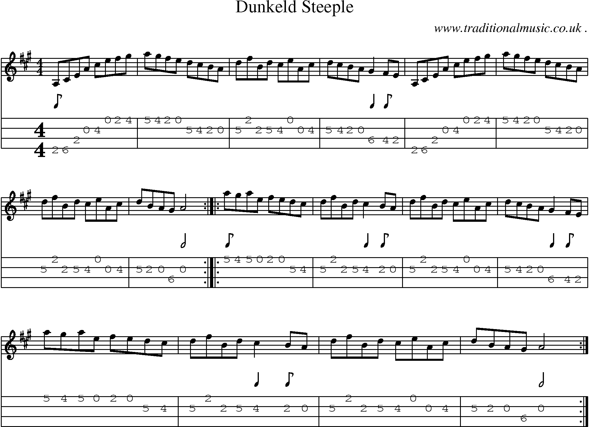 Sheet-music  score, Chords and Mandolin Tabs for Dunkeld Steeple