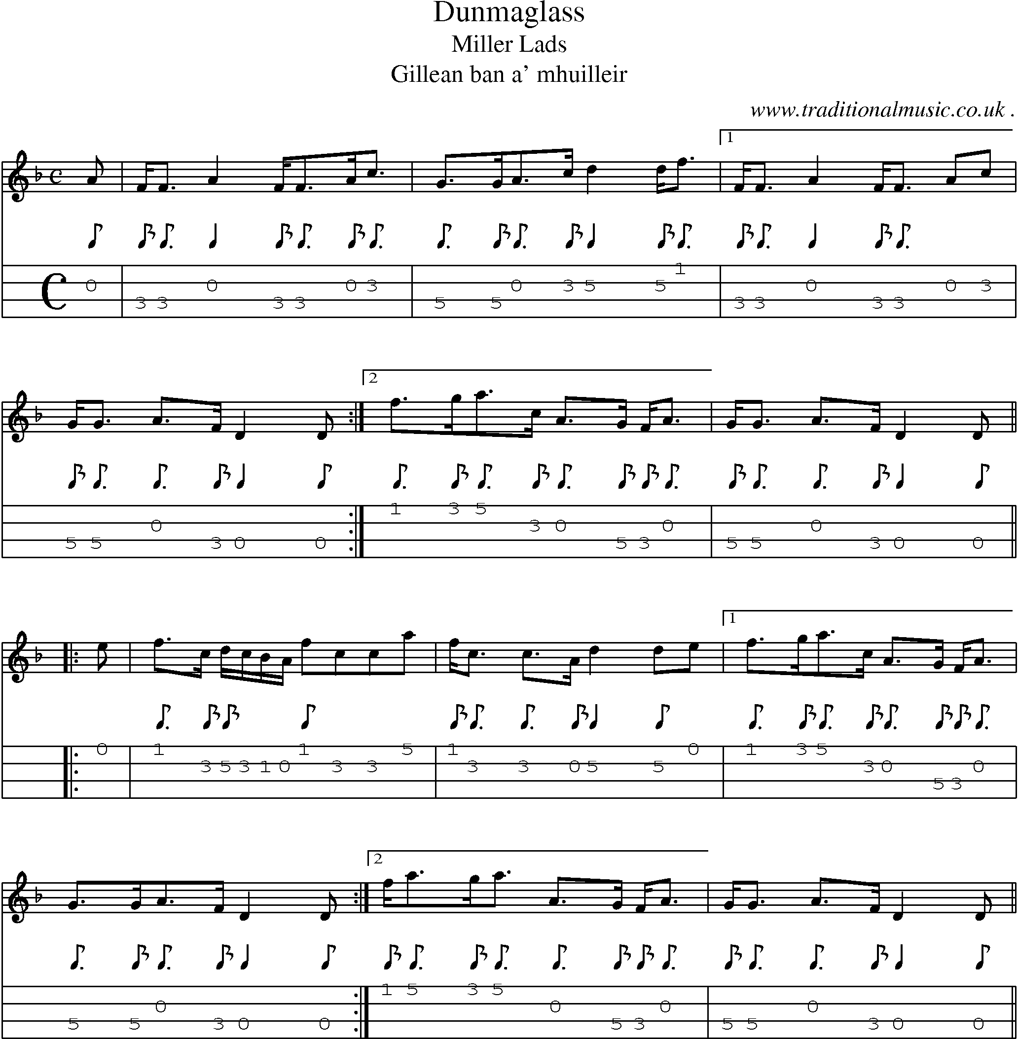 Sheet-music  score, Chords and Mandolin Tabs for Dunmaglass