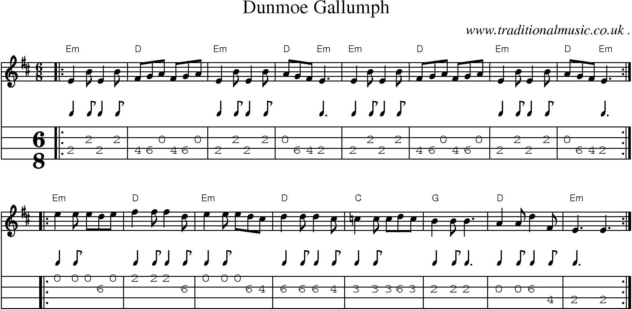 Sheet-music  score, Chords and Mandolin Tabs for Dunmoe Gallumph