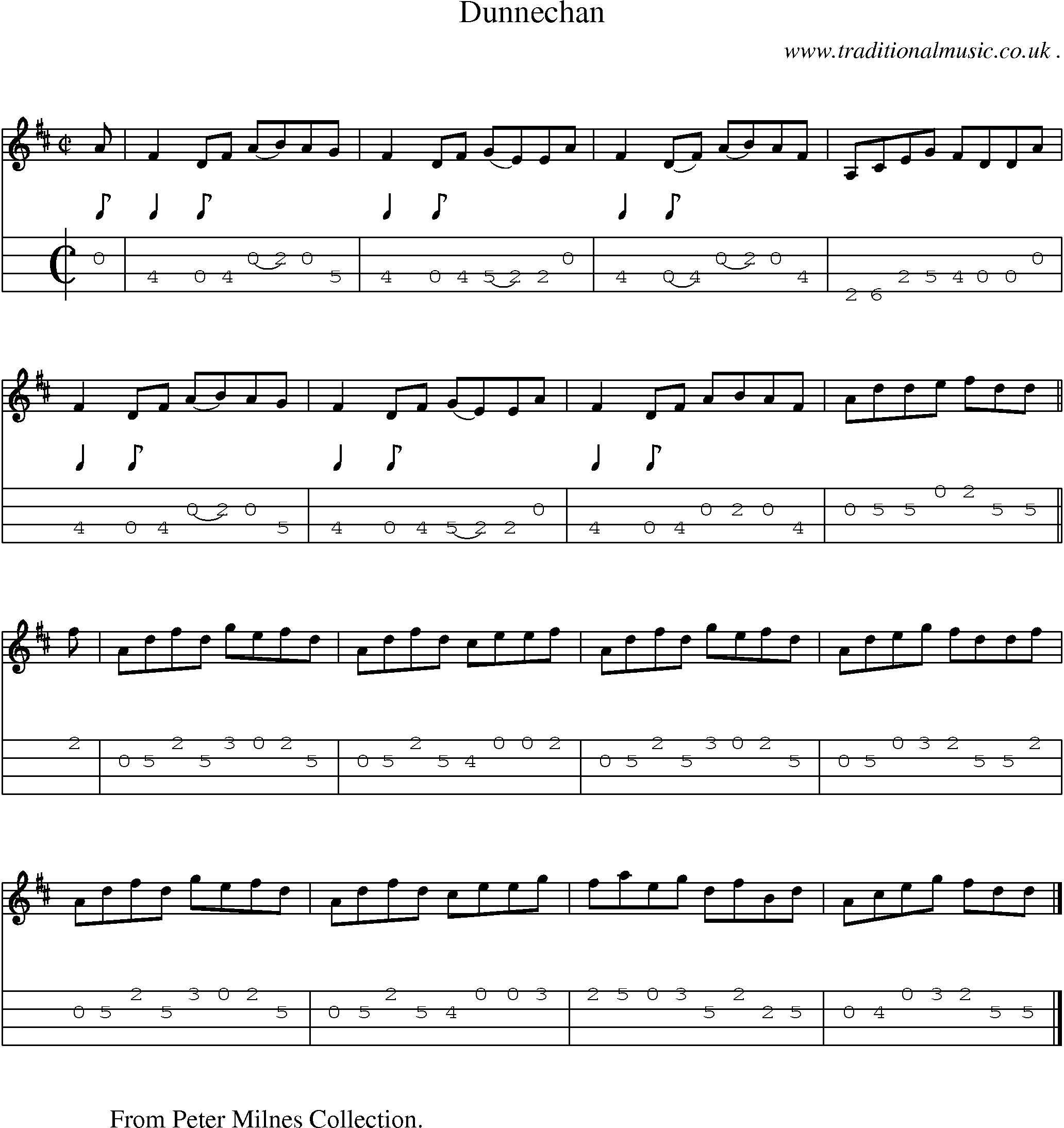 Sheet-music  score, Chords and Mandolin Tabs for Dunnechan