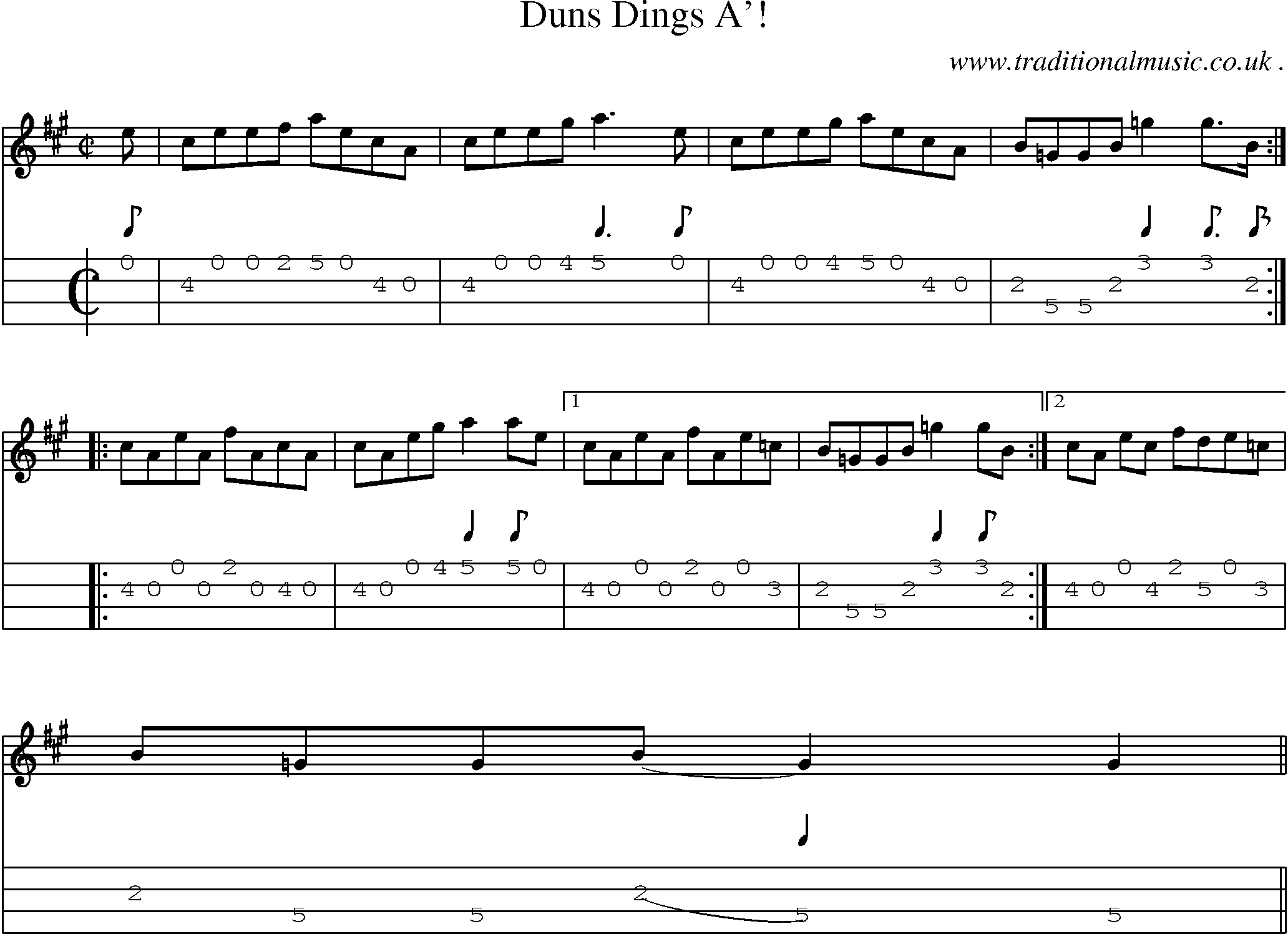 Sheet-music  score, Chords and Mandolin Tabs for Duns Dings A!