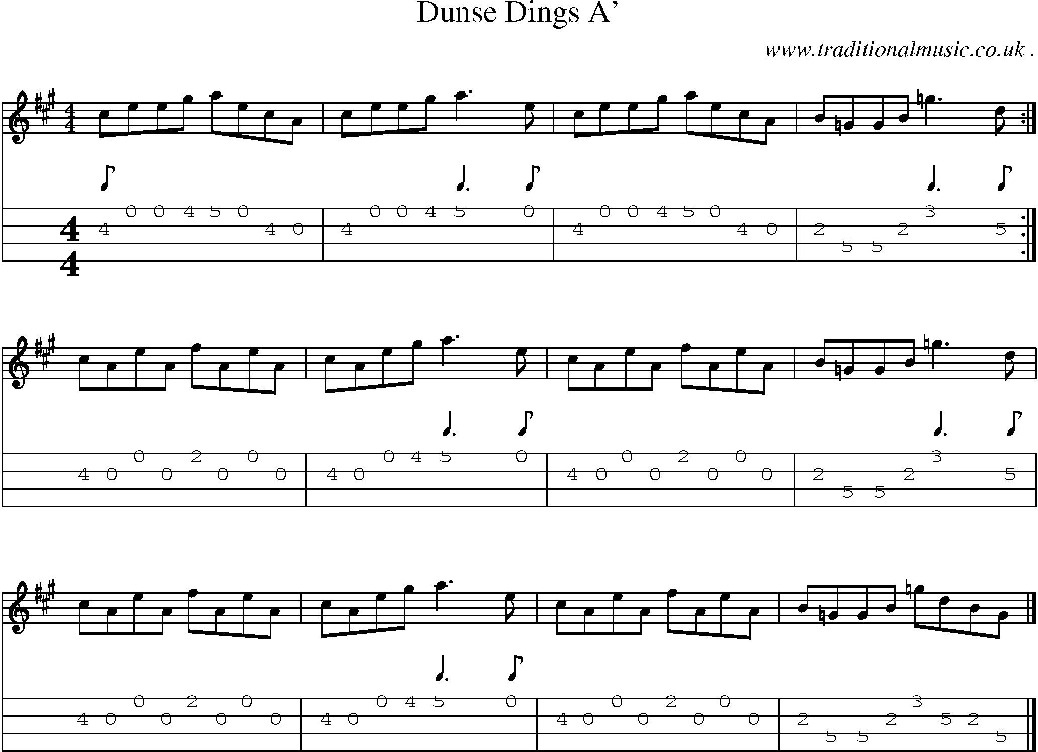 Sheet-music  score, Chords and Mandolin Tabs for Dunse Dings A