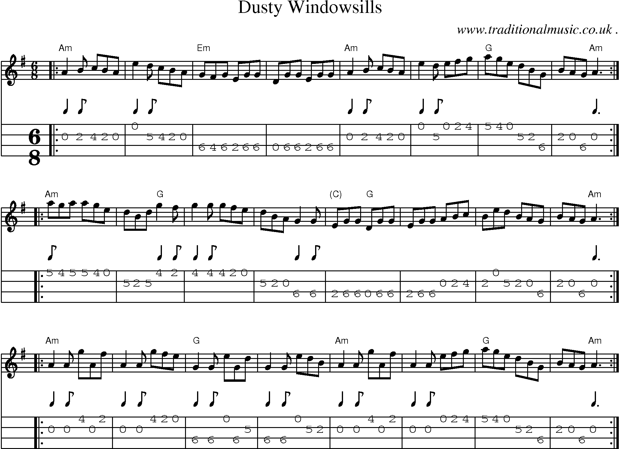 Sheet-music  score, Chords and Mandolin Tabs for Dusty Windowsills
