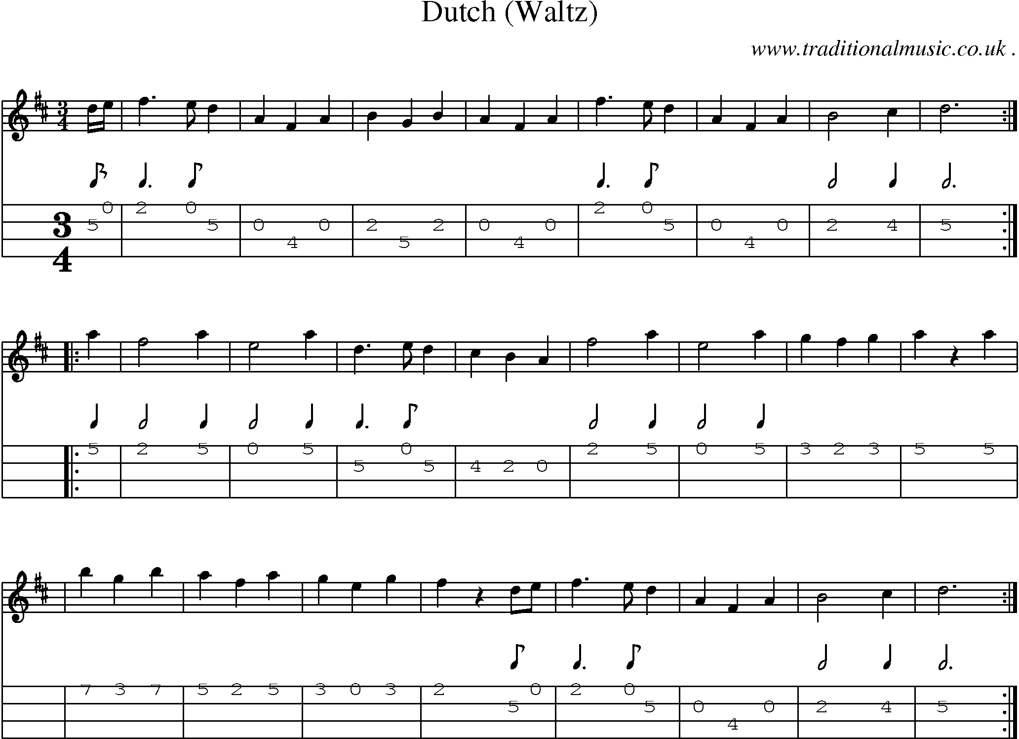 Sheet-music  score, Chords and Mandolin Tabs for Dutch Waltz