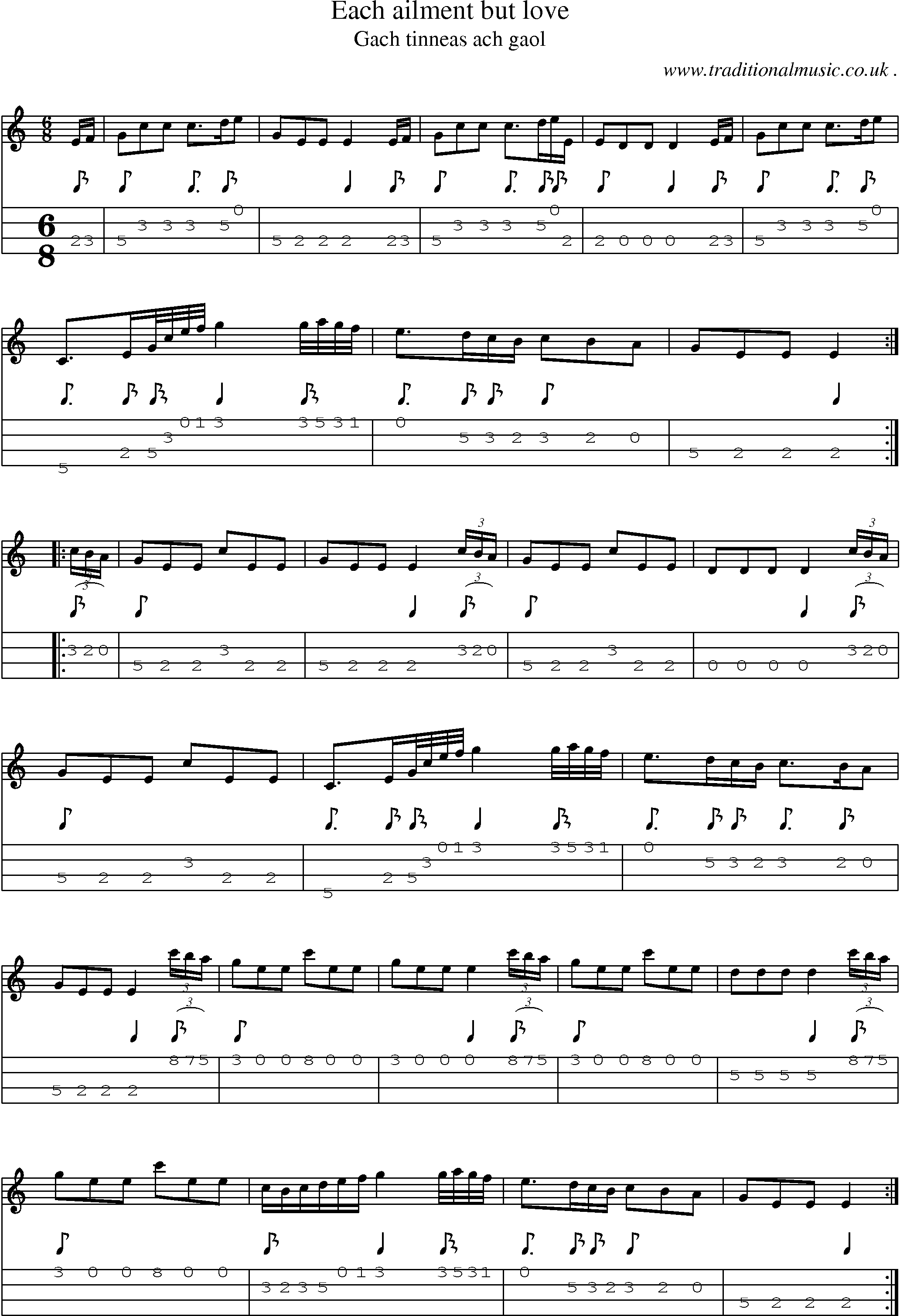Sheet-music  score, Chords and Mandolin Tabs for Each Ailment But Love