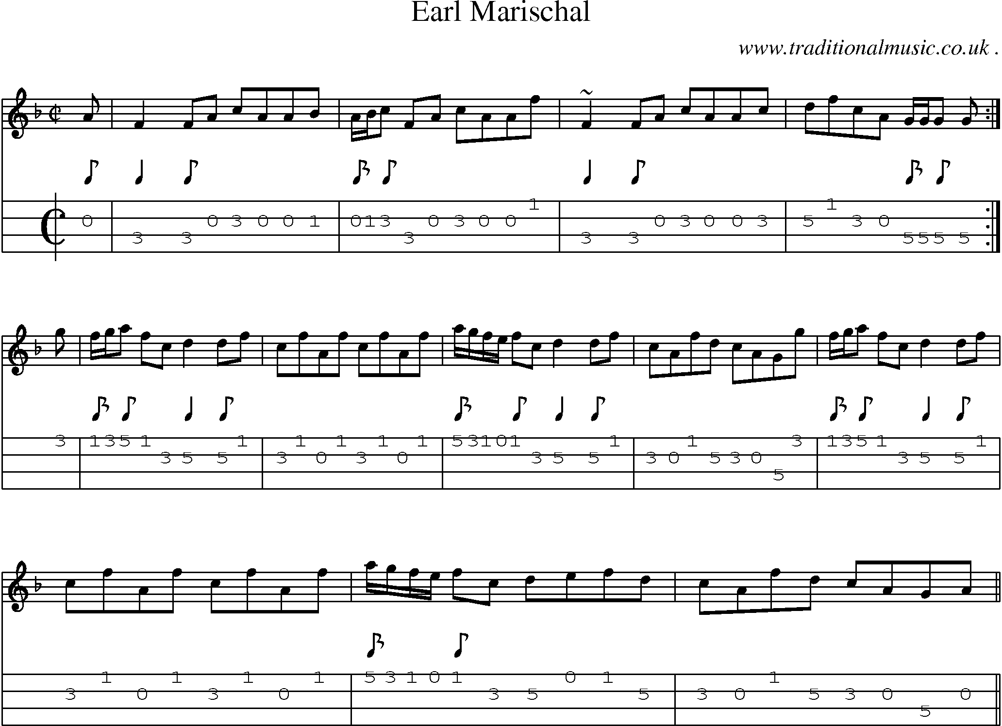 Sheet-music  score, Chords and Mandolin Tabs for Earl Marischal