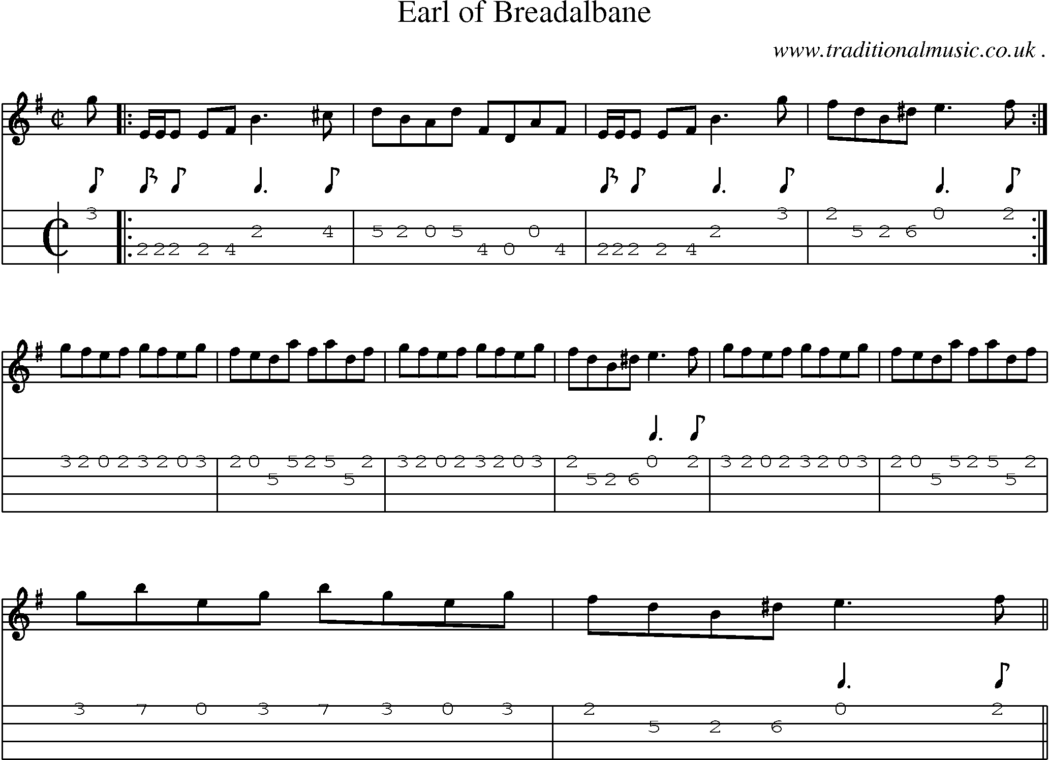 Sheet-music  score, Chords and Mandolin Tabs for Earl Of Breadalbane