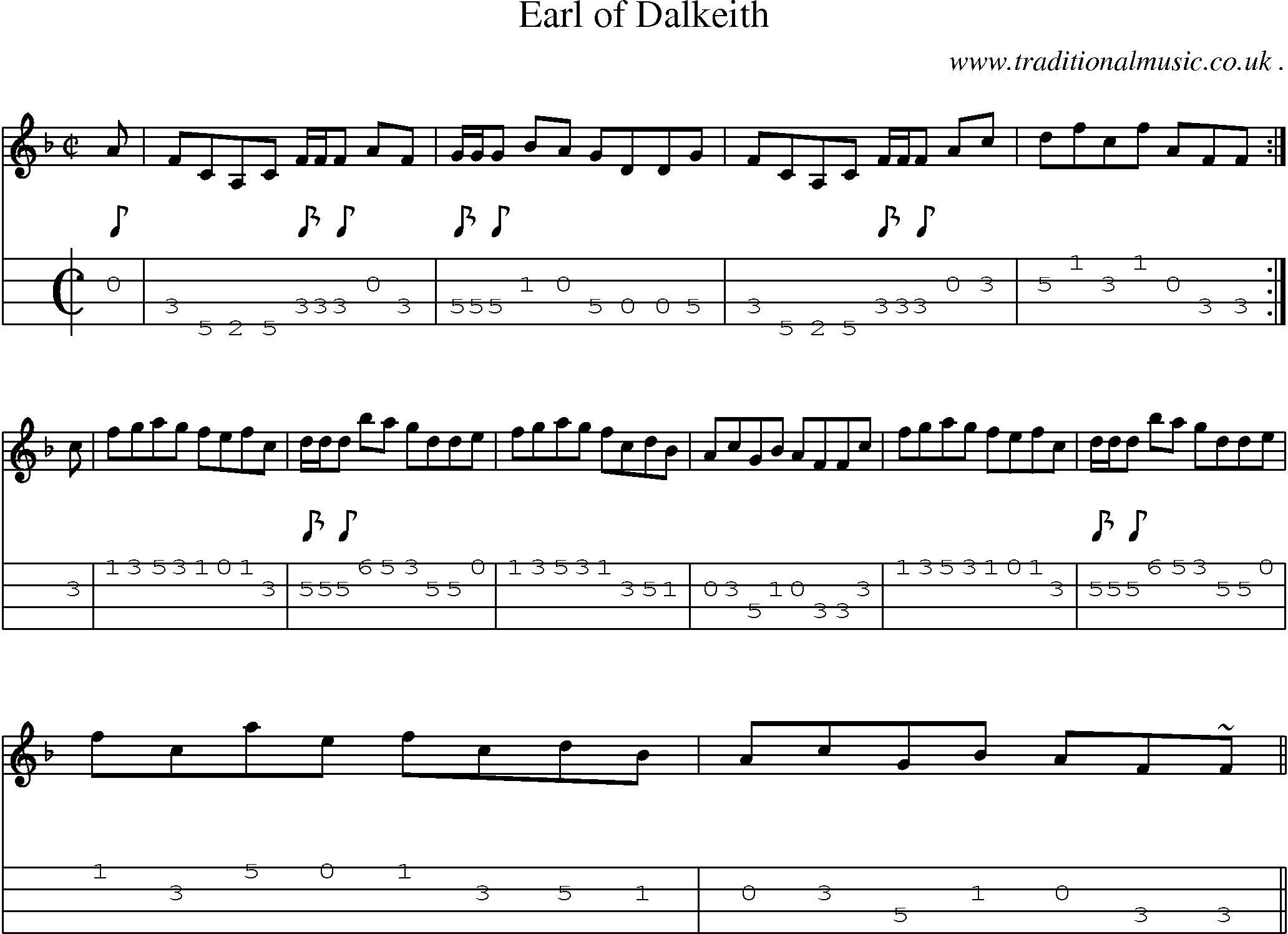 Sheet-music  score, Chords and Mandolin Tabs for Earl Of Dalkeith