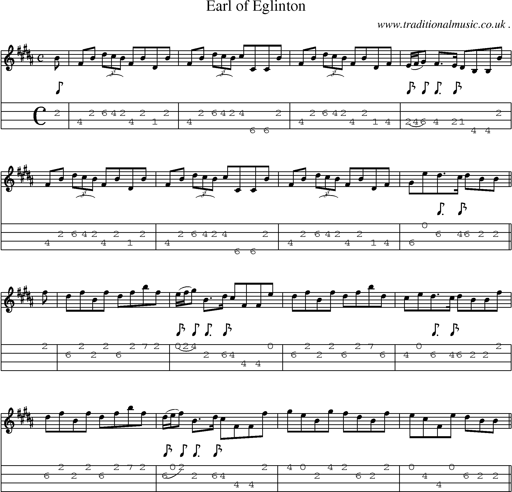 Sheet-music  score, Chords and Mandolin Tabs for Earl Of Eglinton