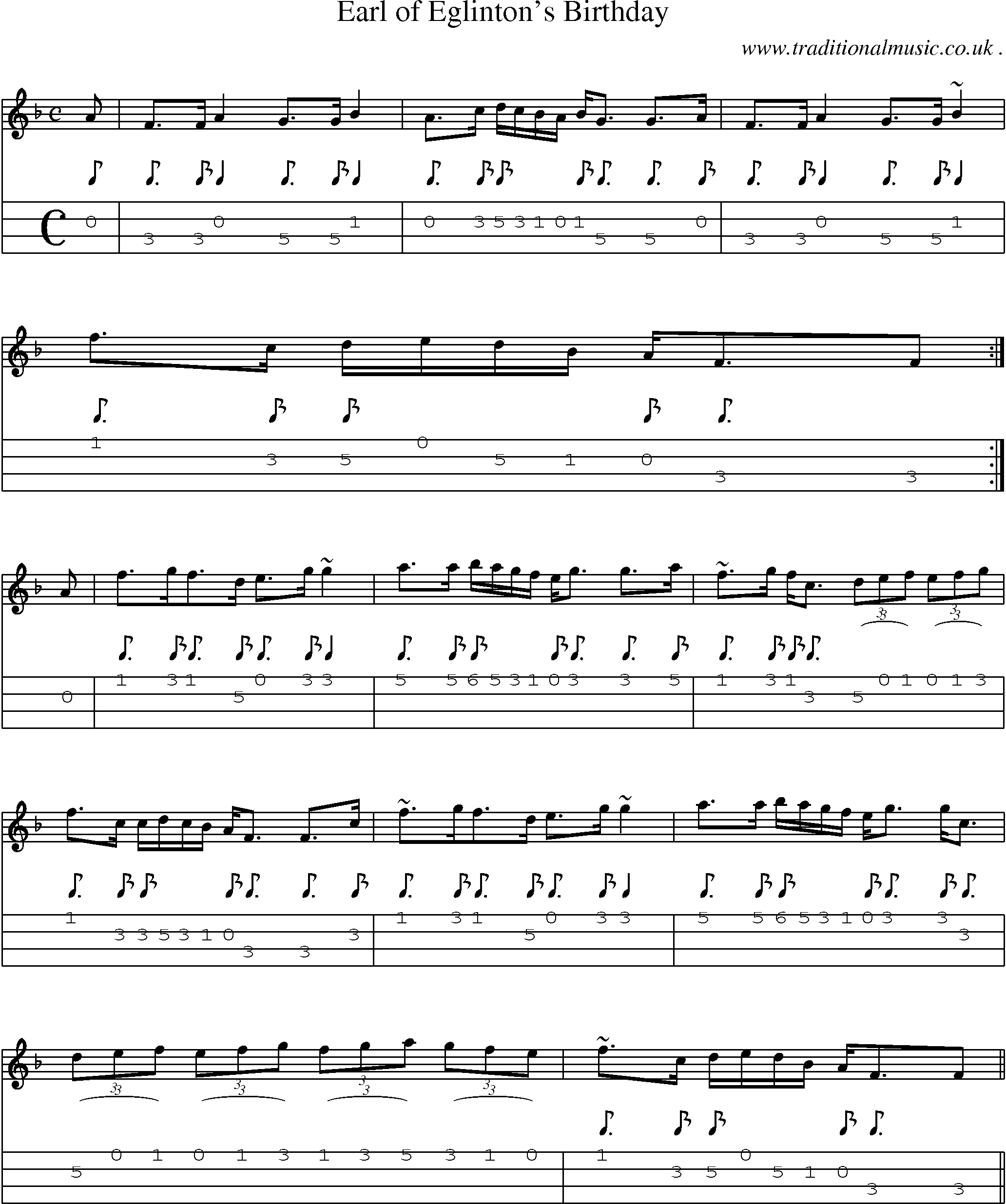 Sheet-music  score, Chords and Mandolin Tabs for Earl Of Eglintons Birthday