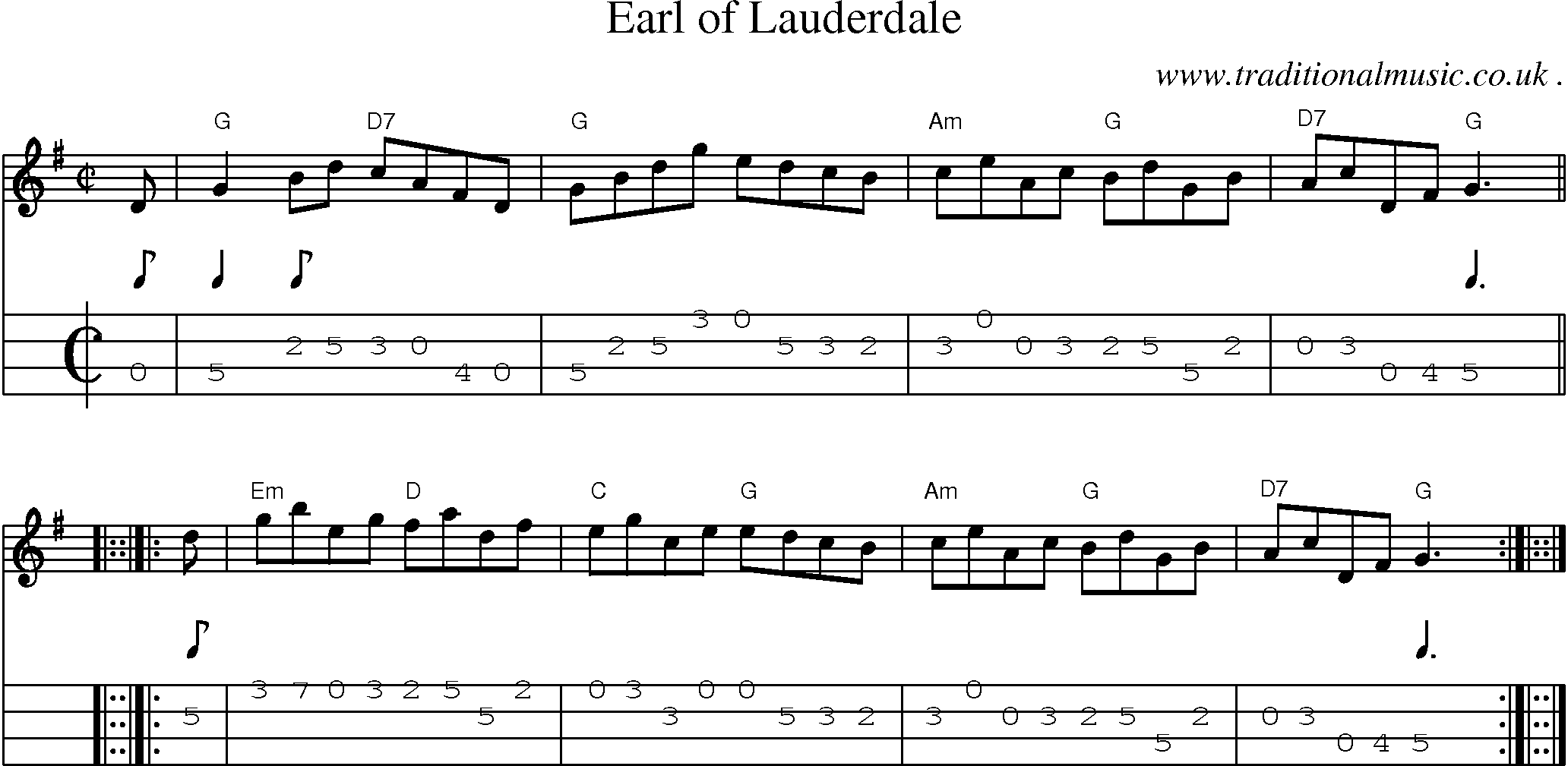 Sheet-music  score, Chords and Mandolin Tabs for Earl Of Lauderdale