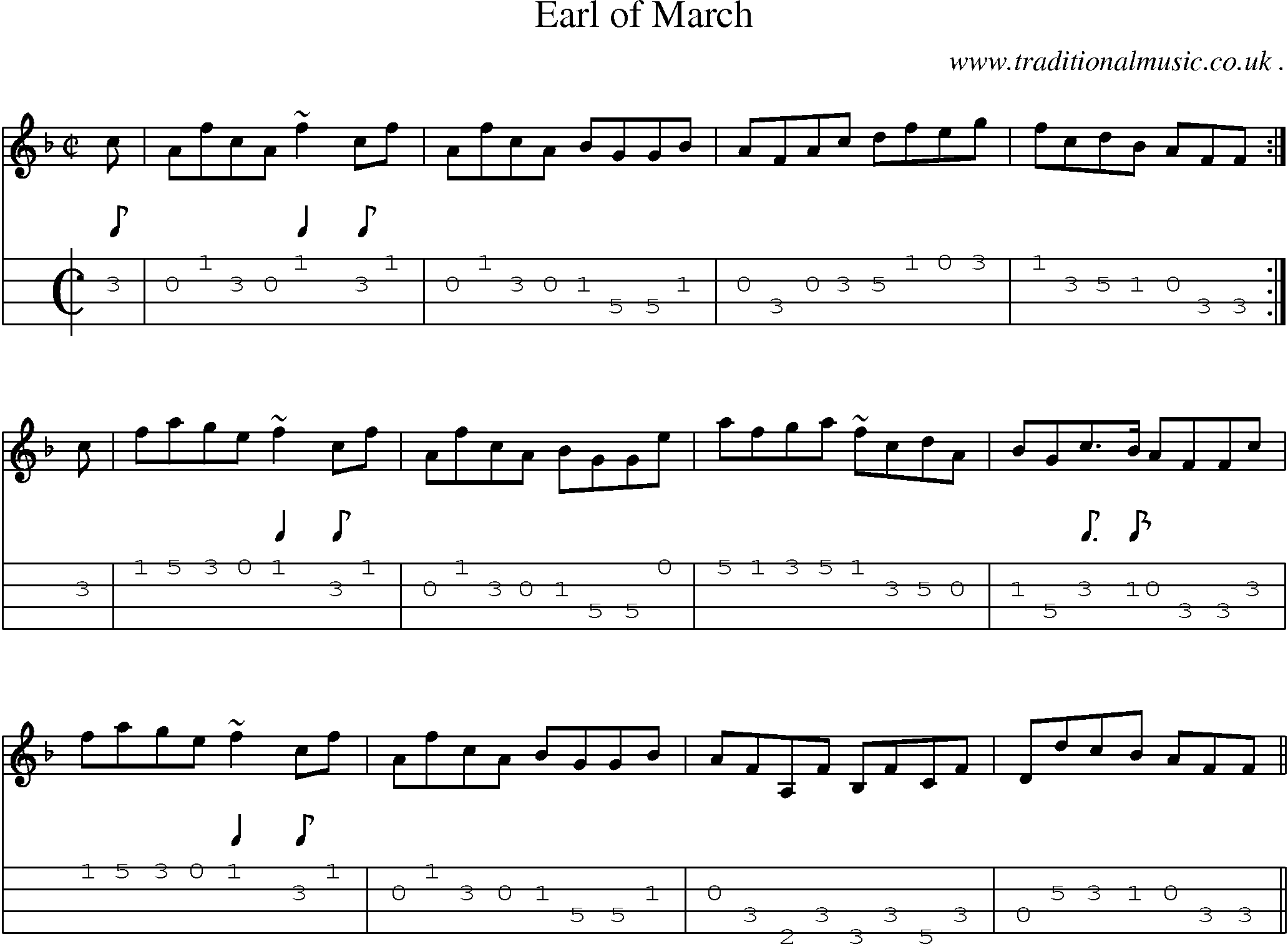 Sheet-music  score, Chords and Mandolin Tabs for Earl Of March