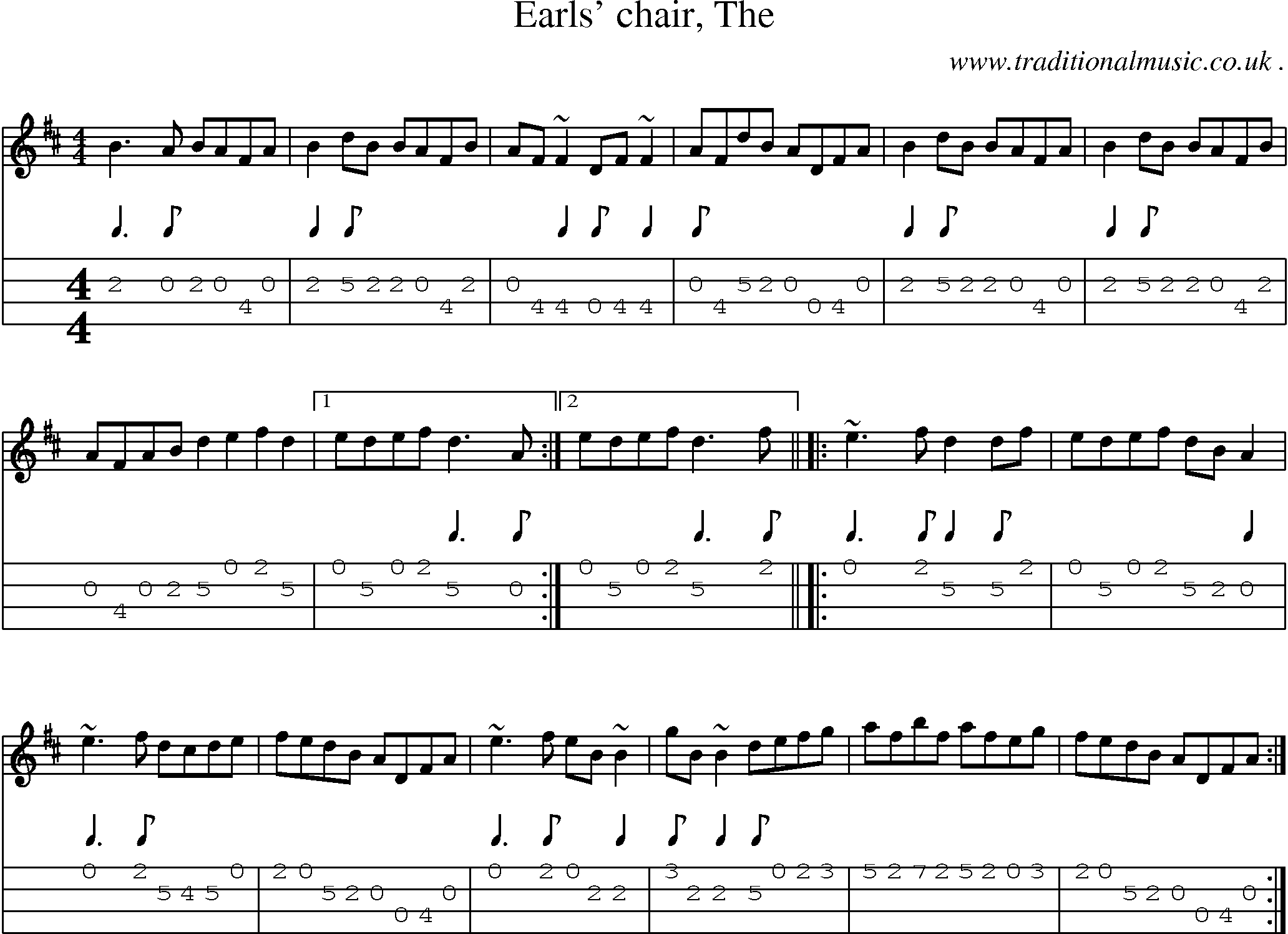 Sheet-music  score, Chords and Mandolin Tabs for Earls Chair The
