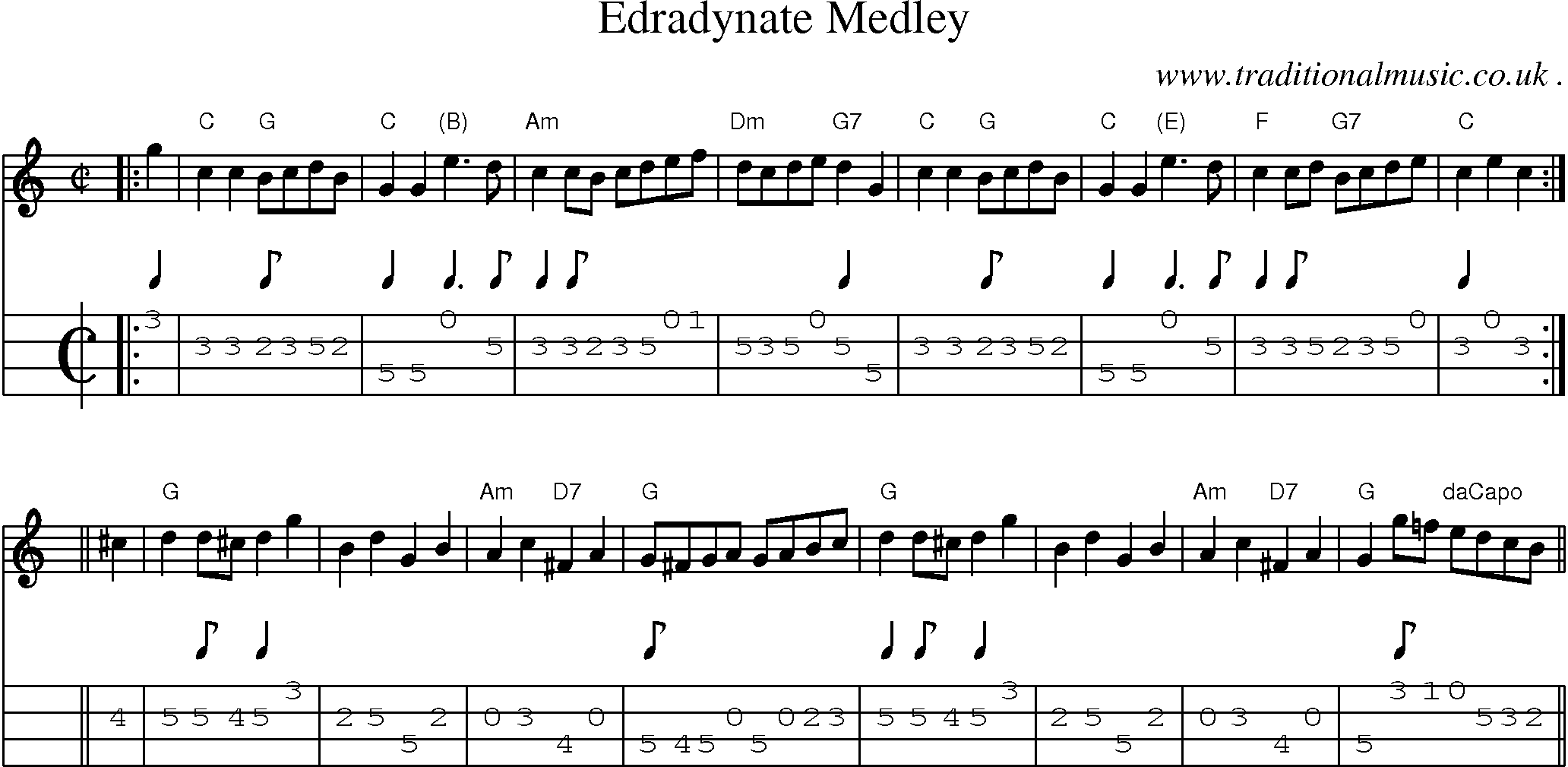 Sheet-music  score, Chords and Mandolin Tabs for Edradynate Medley