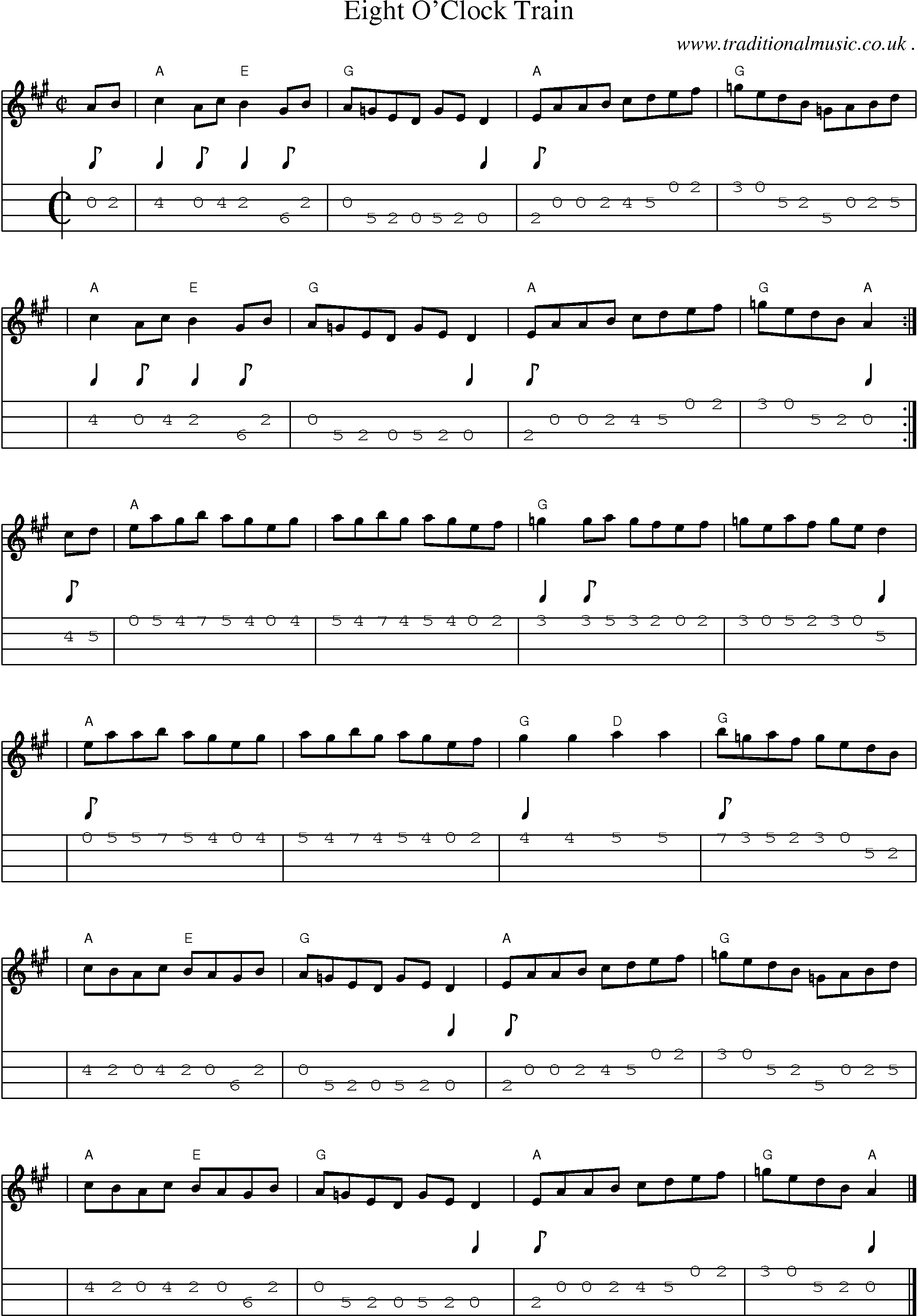 Sheet-music  score, Chords and Mandolin Tabs for Eight Oclock Train