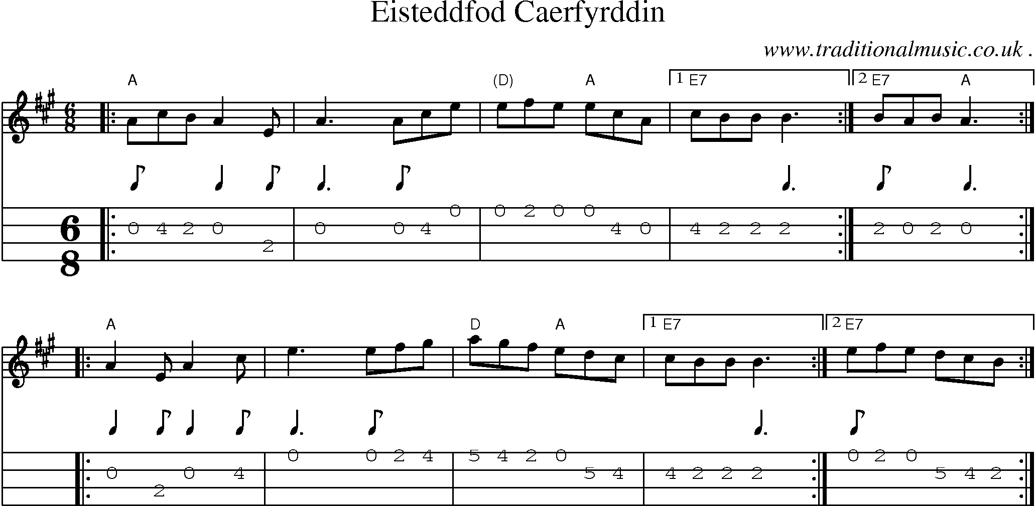 Sheet-music  score, Chords and Mandolin Tabs for Eisteddfod Caerfyrddin