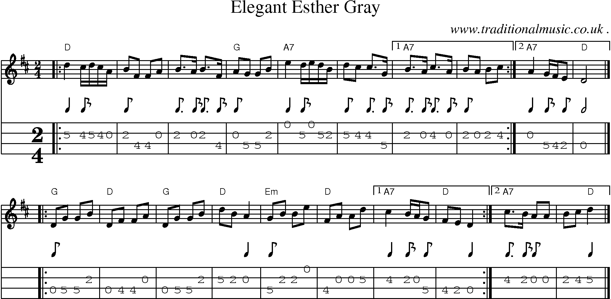 Sheet-music  score, Chords and Mandolin Tabs for Elegant Esther Gray