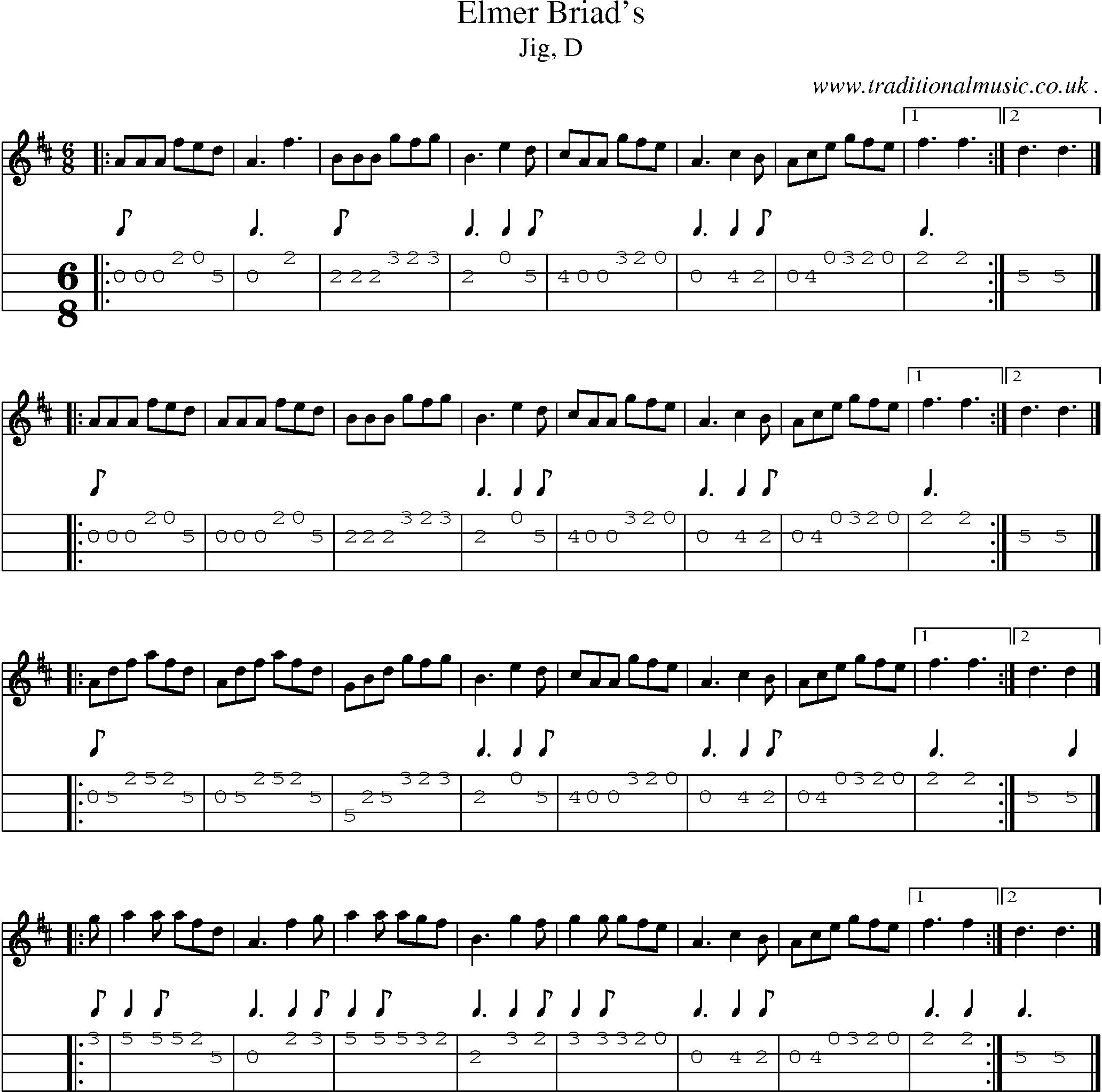 Sheet-music  score, Chords and Mandolin Tabs for Elmer Briads