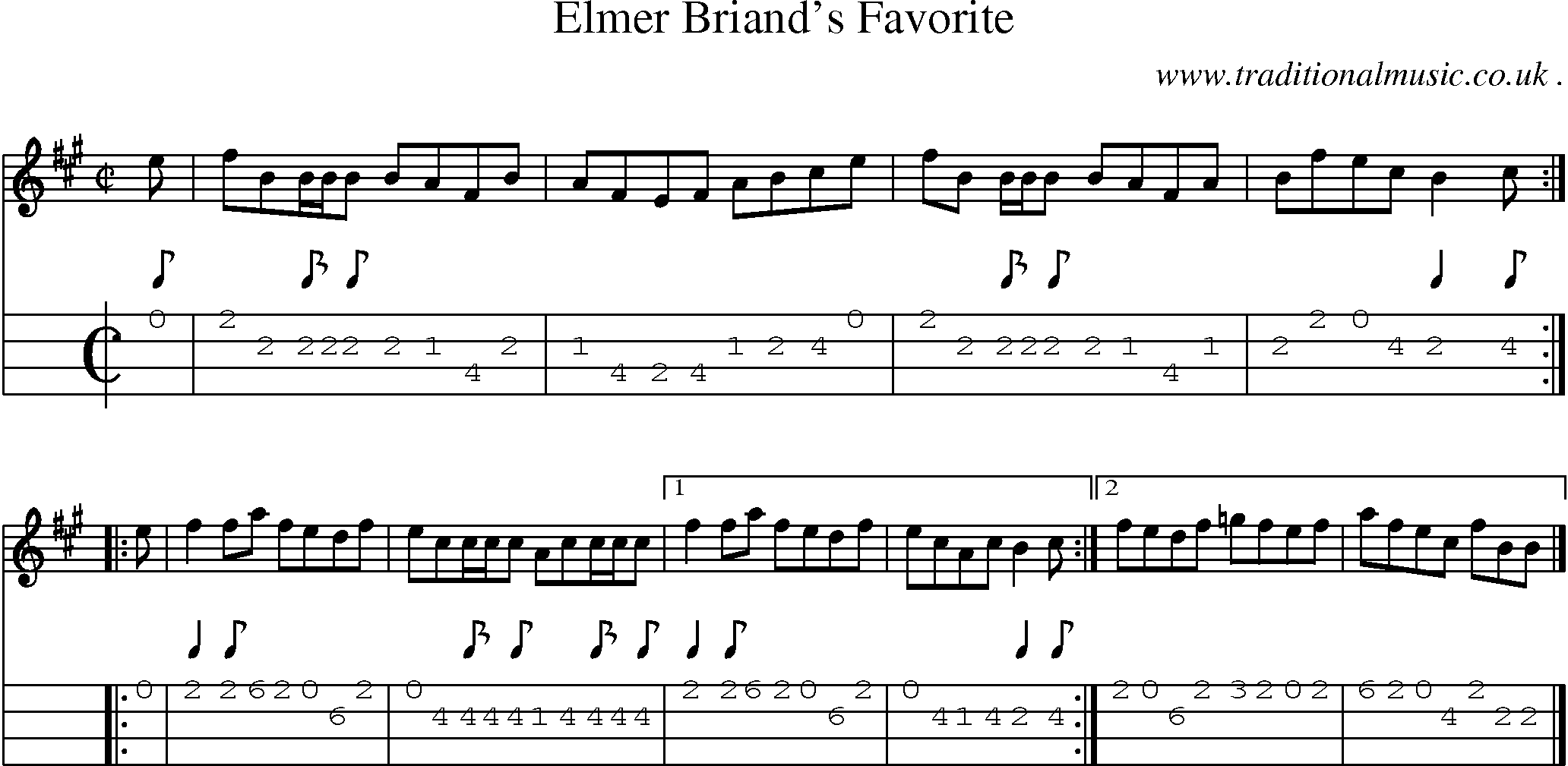 Sheet-music  score, Chords and Mandolin Tabs for Elmer Briands Favorite