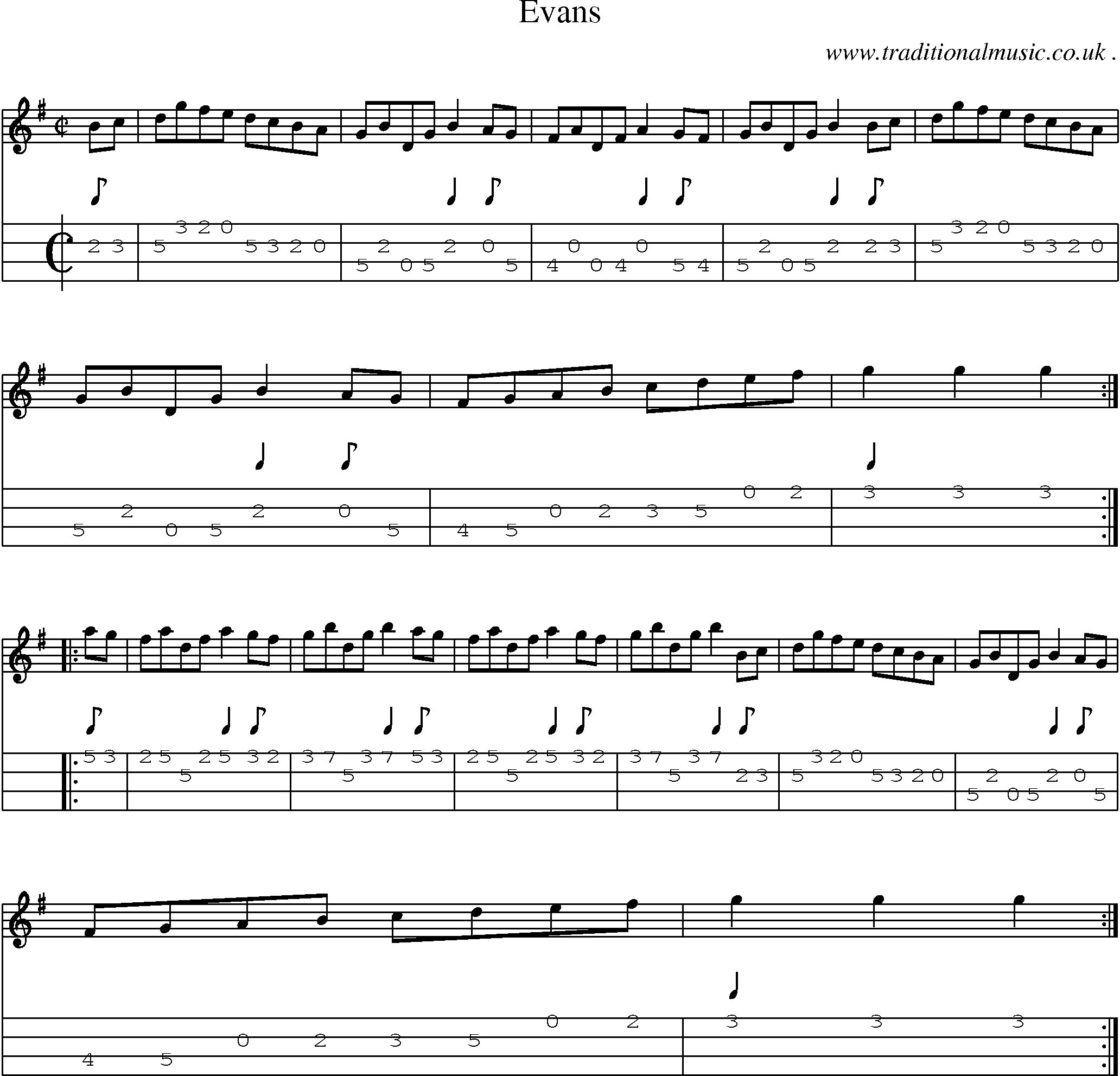 Sheet-music  score, Chords and Mandolin Tabs for Evans