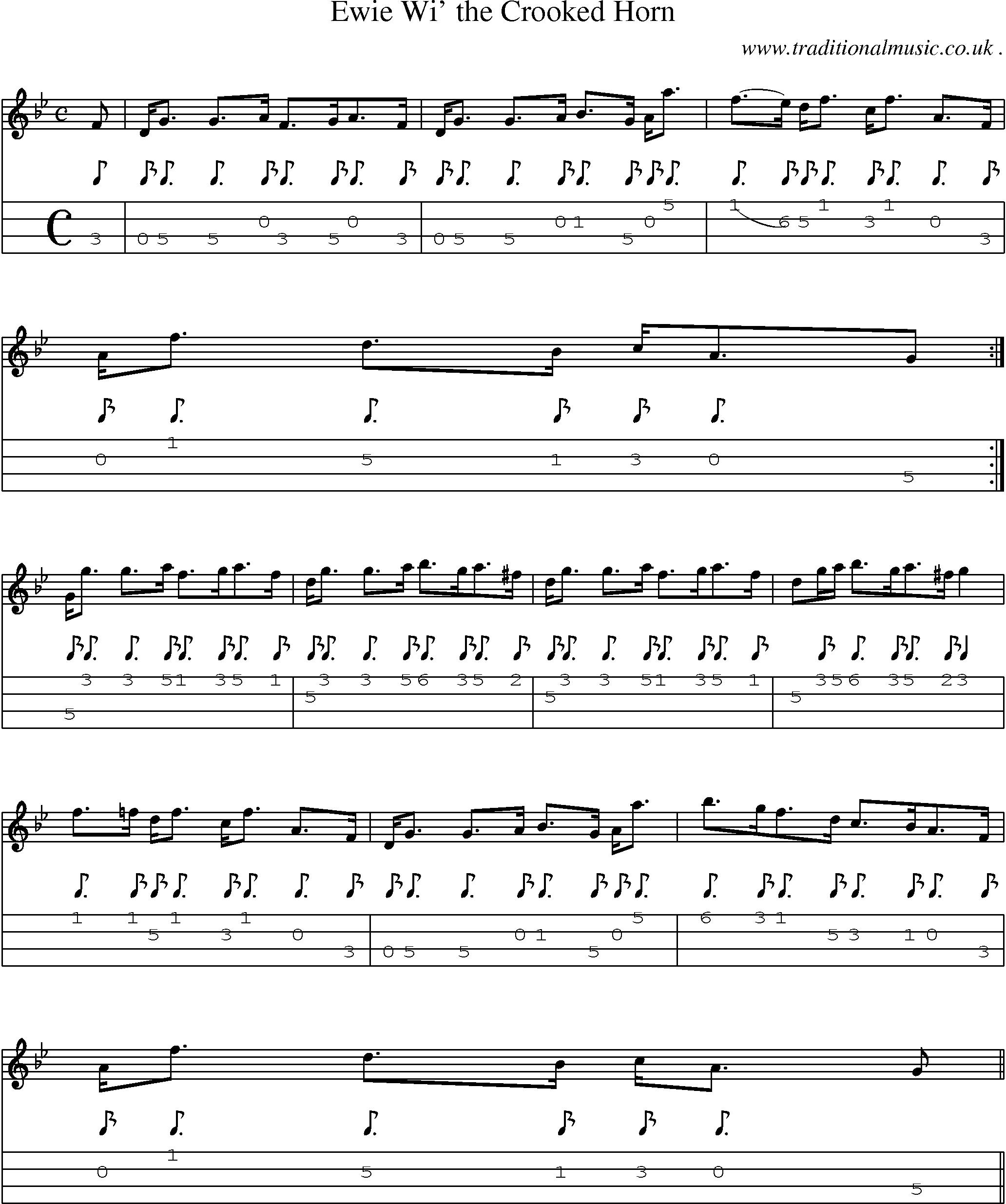 Sheet-music  score, Chords and Mandolin Tabs for Ewie Wi The Crooked Horn