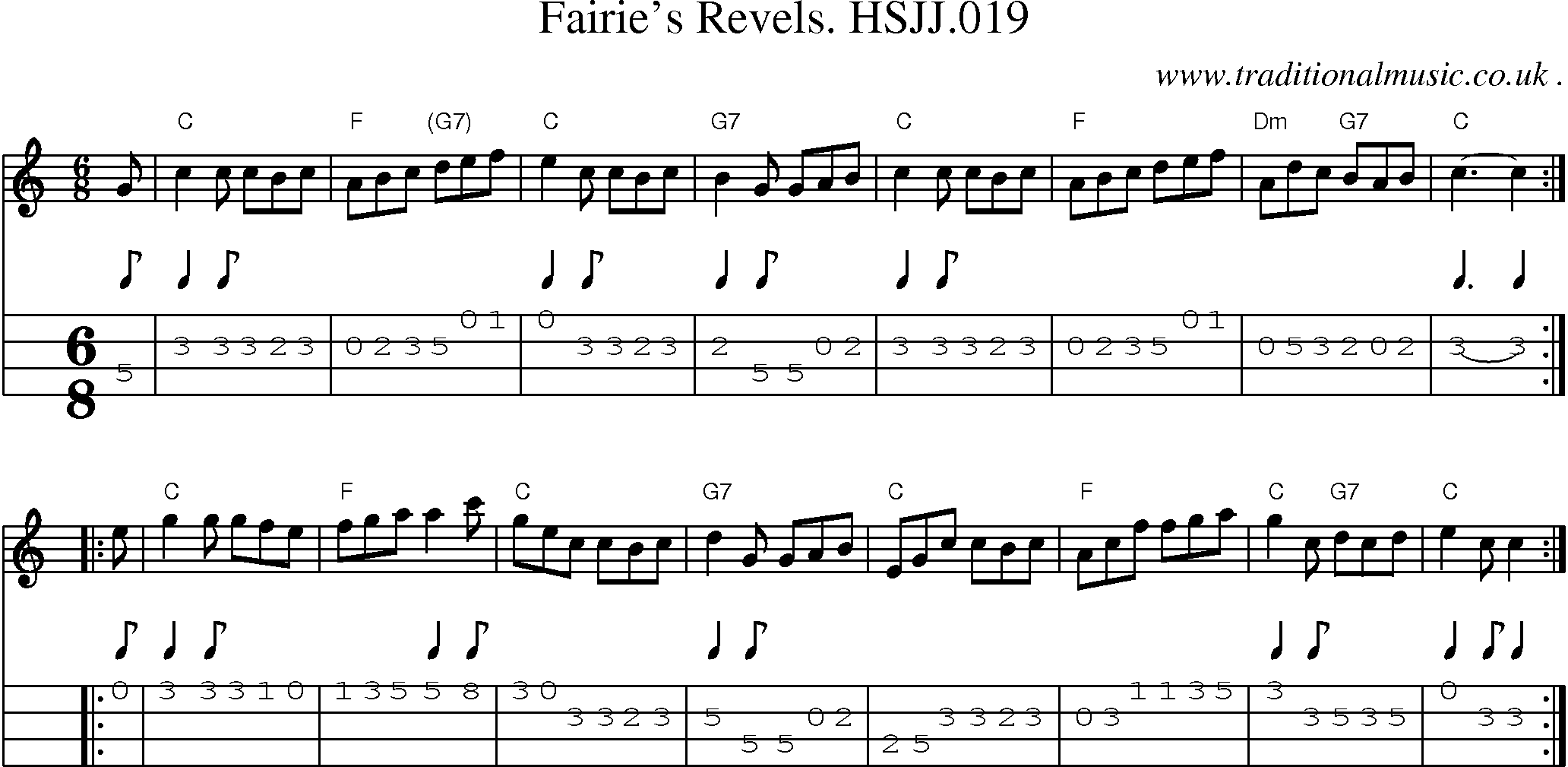 Sheet-music  score, Chords and Mandolin Tabs for Fairies Revels Hsjj019