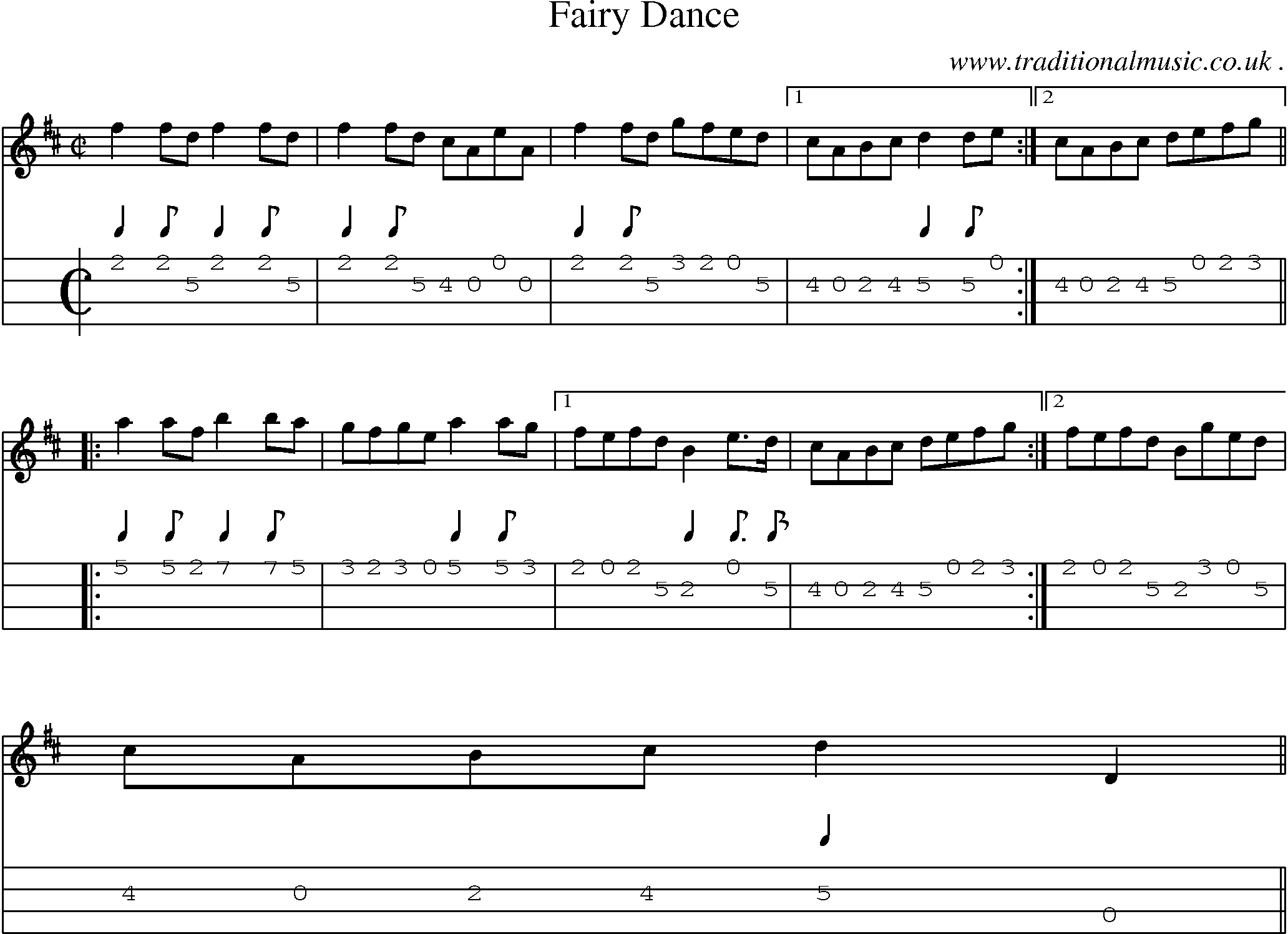 Sheet-music  score, Chords and Mandolin Tabs for Fairy Dance