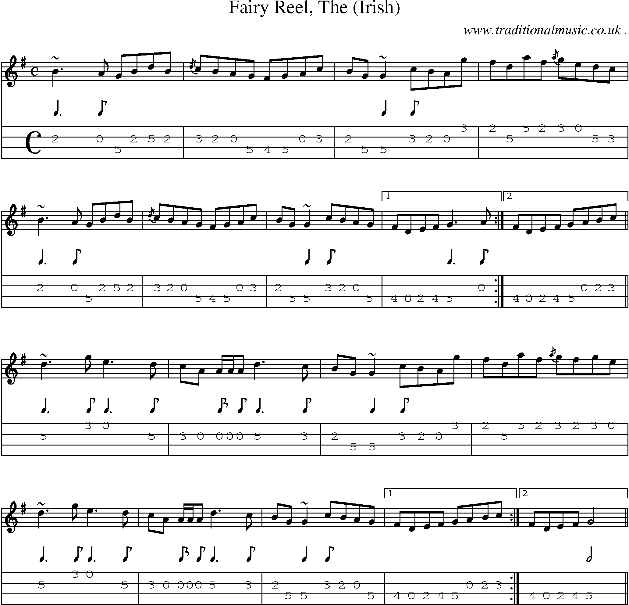 Sheet-music  score, Chords and Mandolin Tabs for Fairy Reel The Irish