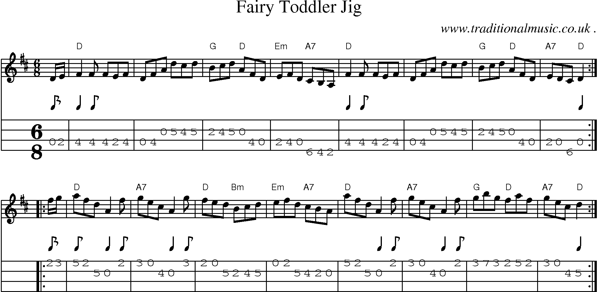 Sheet-music  score, Chords and Mandolin Tabs for Fairy Toddler Jig