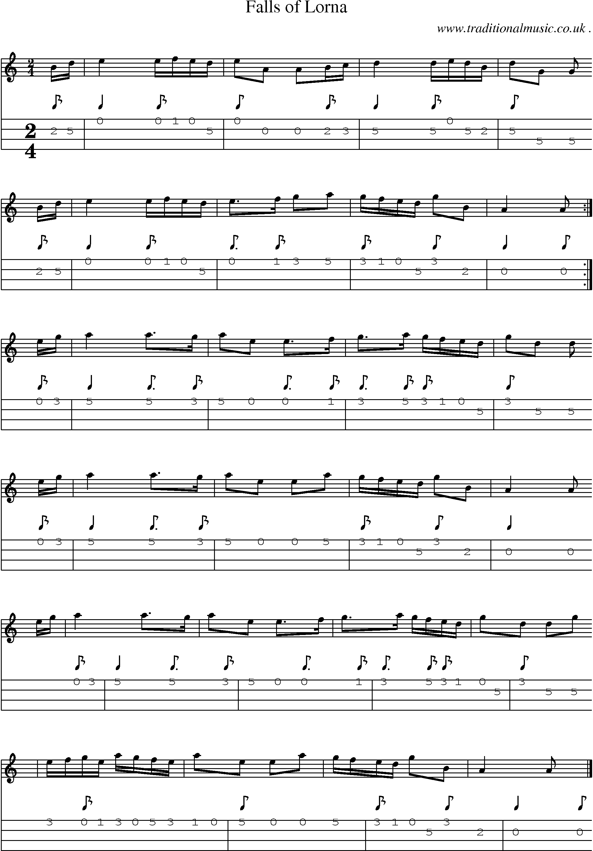 Sheet-music  score, Chords and Mandolin Tabs for Falls Of Lorna