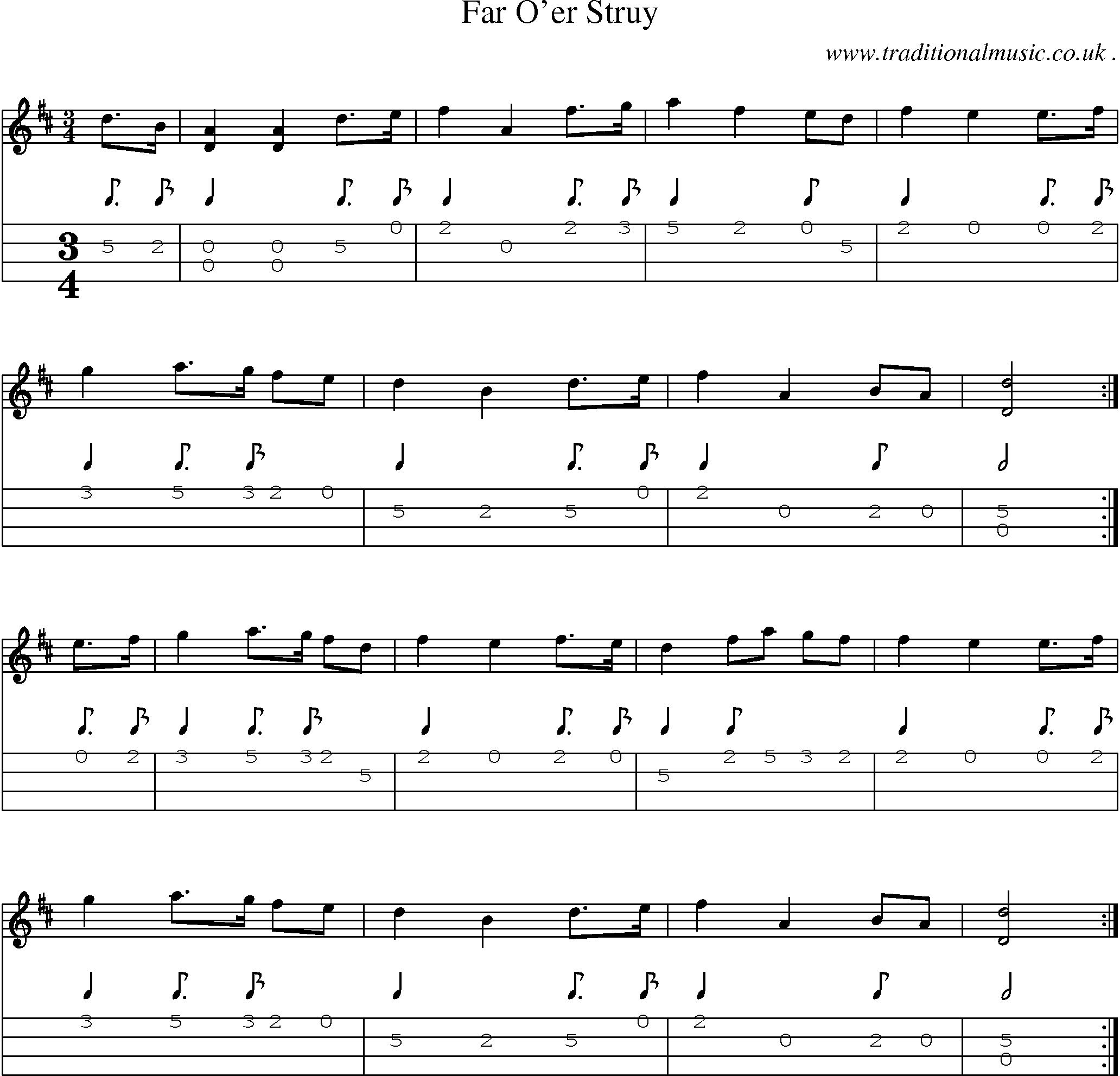Sheet-music  score, Chords and Mandolin Tabs for Far Oer Struy