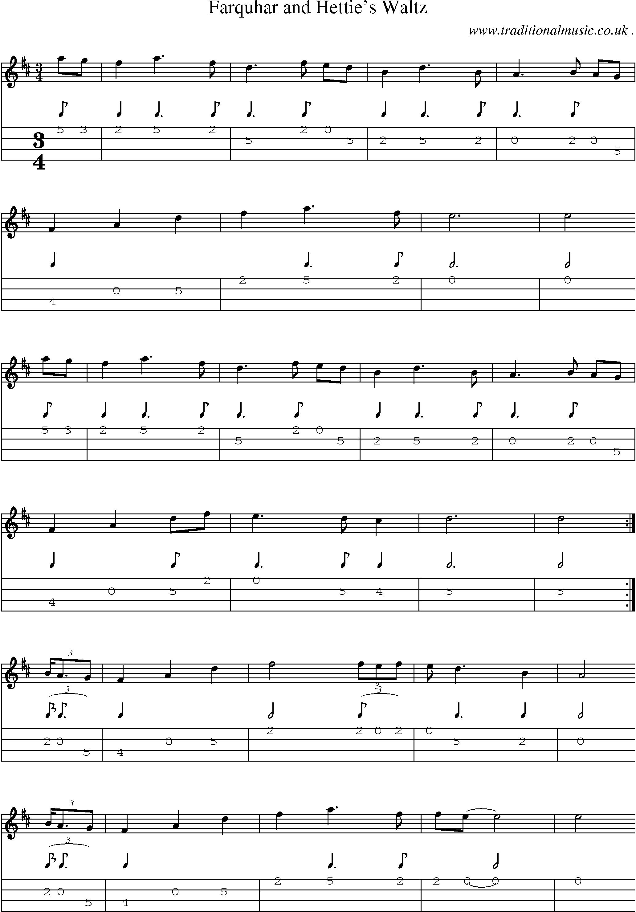 Sheet-music  score, Chords and Mandolin Tabs for Farquhar And Hetties Waltz