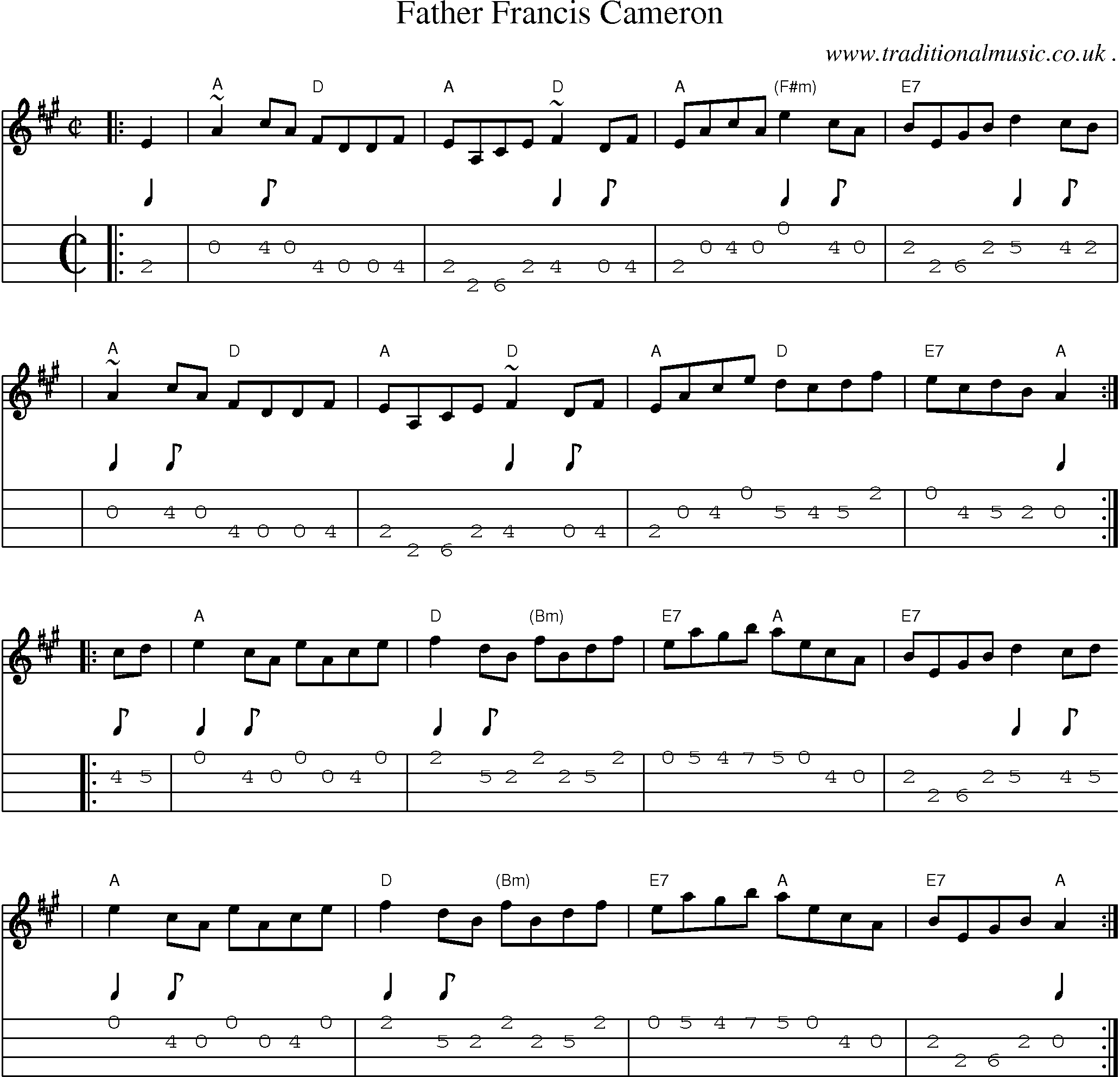 Sheet-music  score, Chords and Mandolin Tabs for Father Francis Cameron