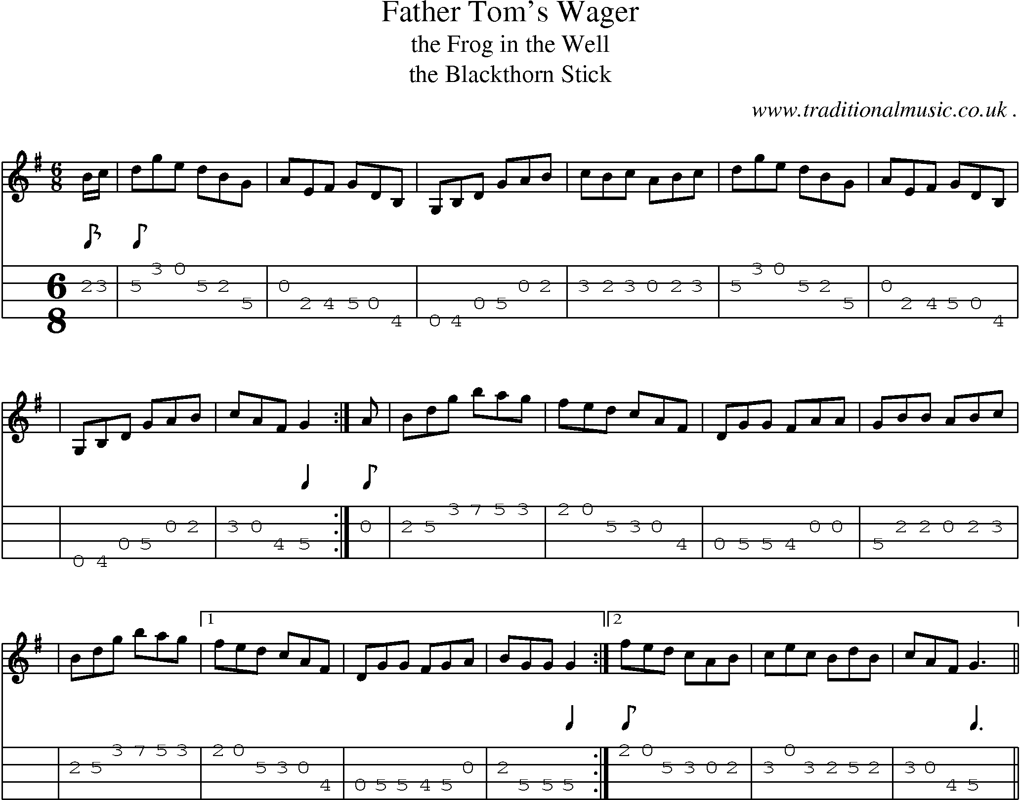 Sheet-music  score, Chords and Mandolin Tabs for Father Toms Wager