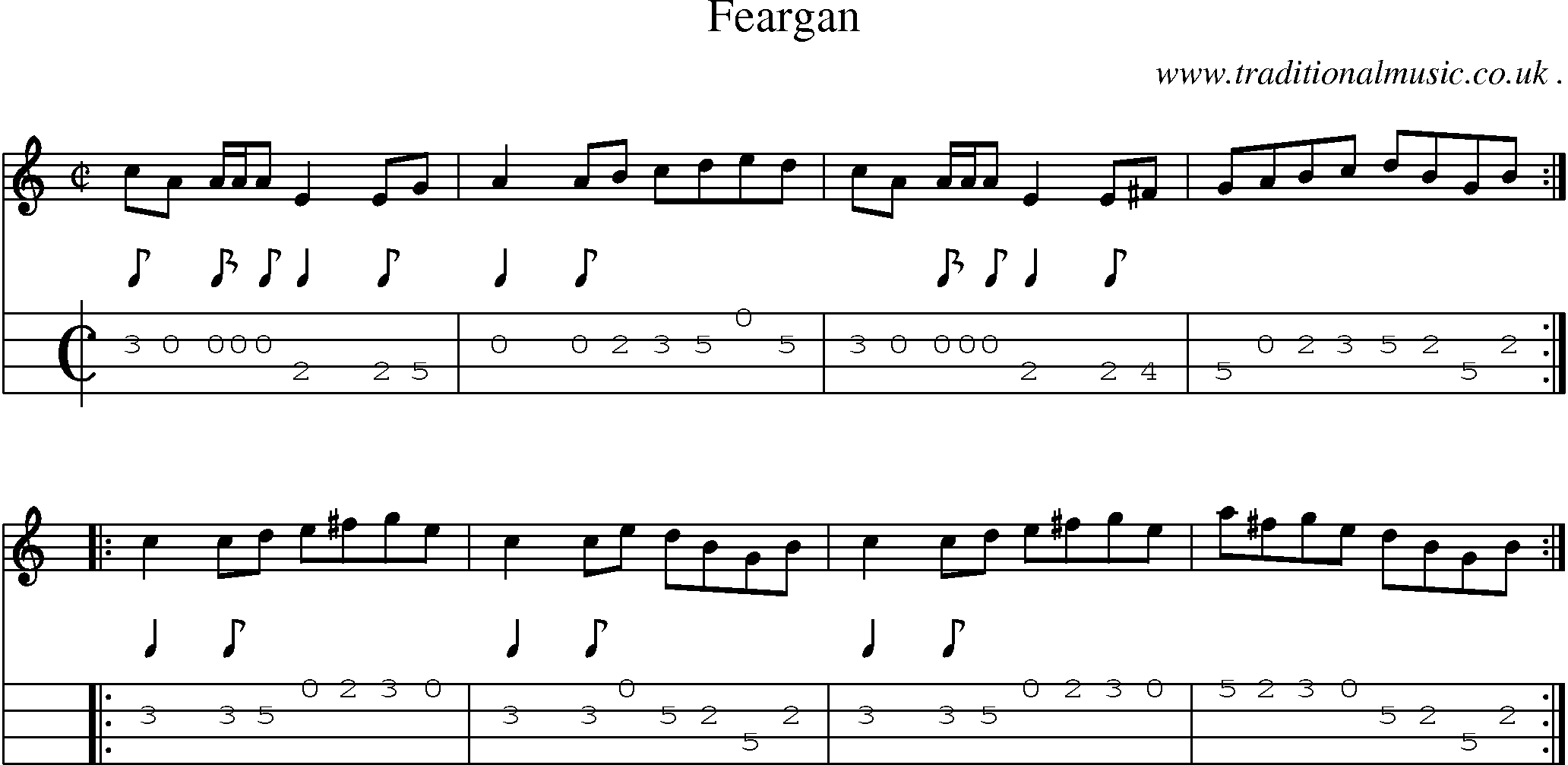 Sheet-music  score, Chords and Mandolin Tabs for Feargan