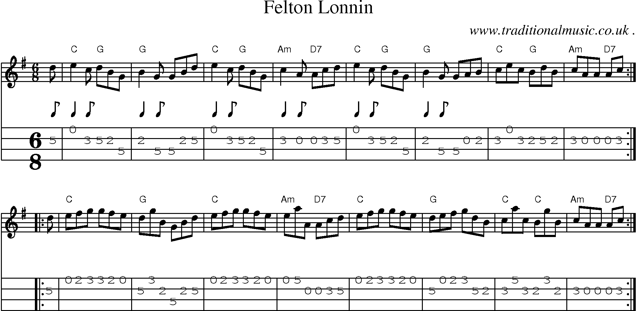 Sheet-music  score, Chords and Mandolin Tabs for Felton Lonnin