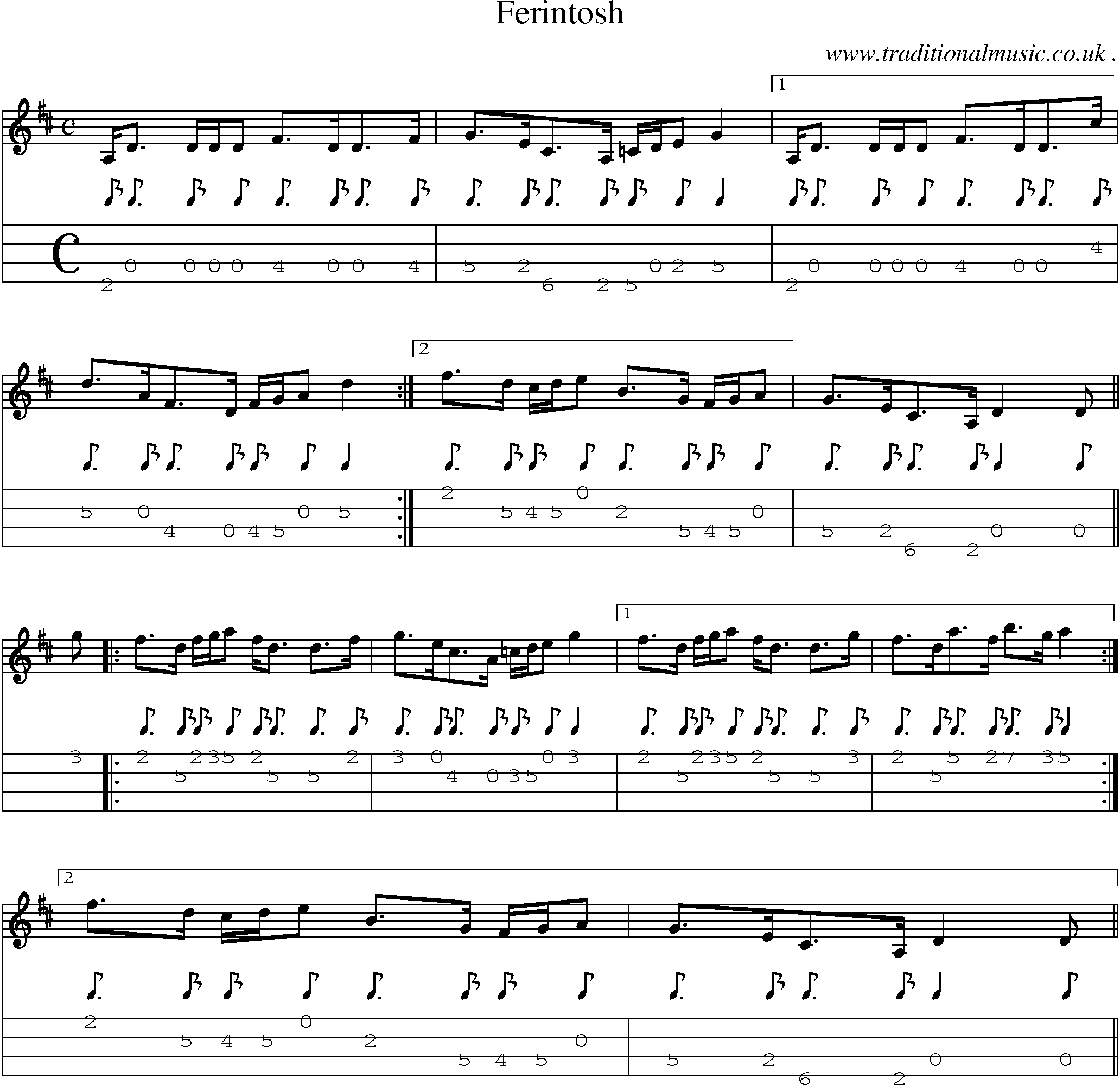 Sheet-music  score, Chords and Mandolin Tabs for Ferintosh