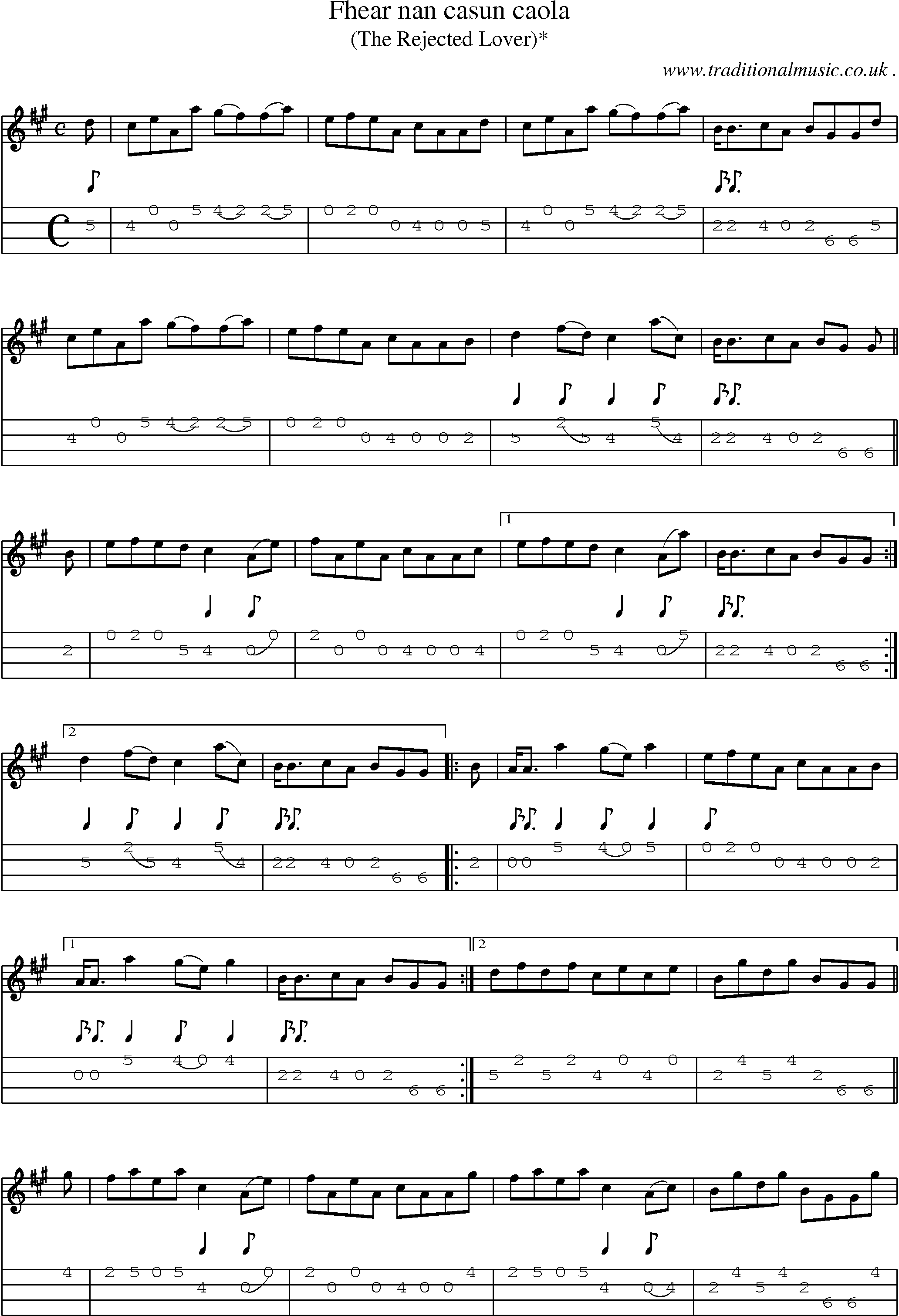 Sheet-music  score, Chords and Mandolin Tabs for Fhear Nan Casun Caola