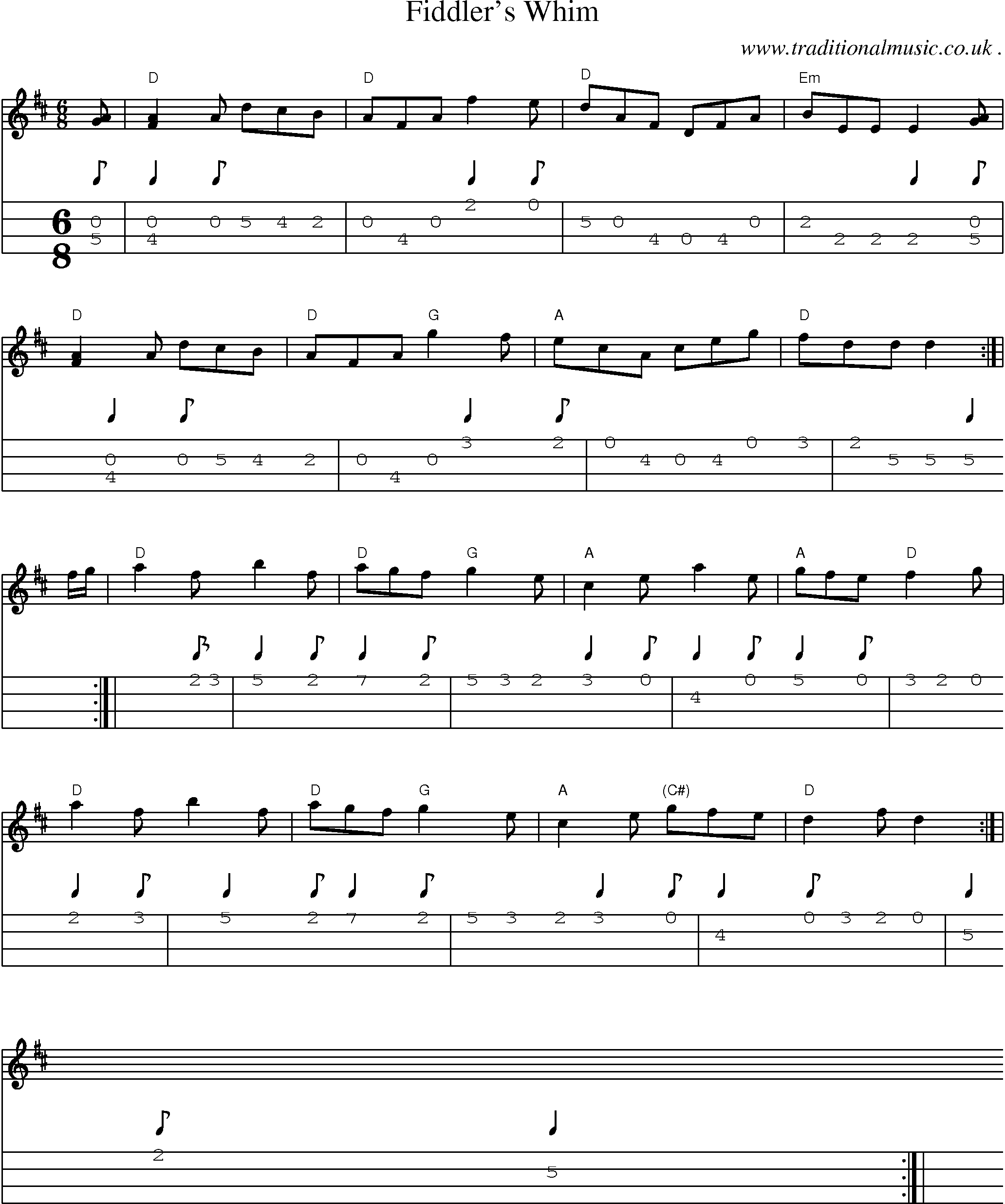 Sheet-music  score, Chords and Mandolin Tabs for Fiddlers Whim
