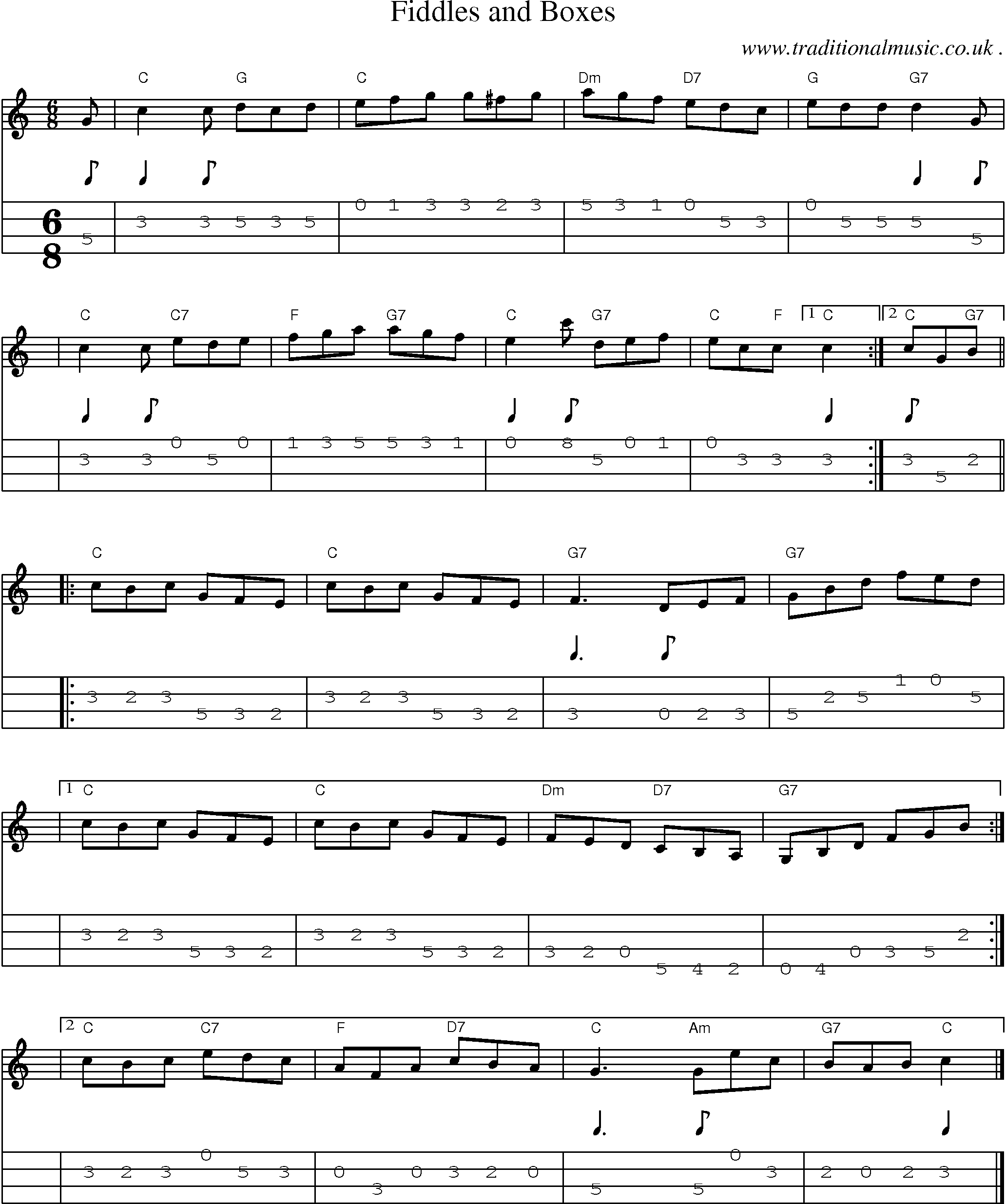 Sheet-music  score, Chords and Mandolin Tabs for Fiddles And Boxes