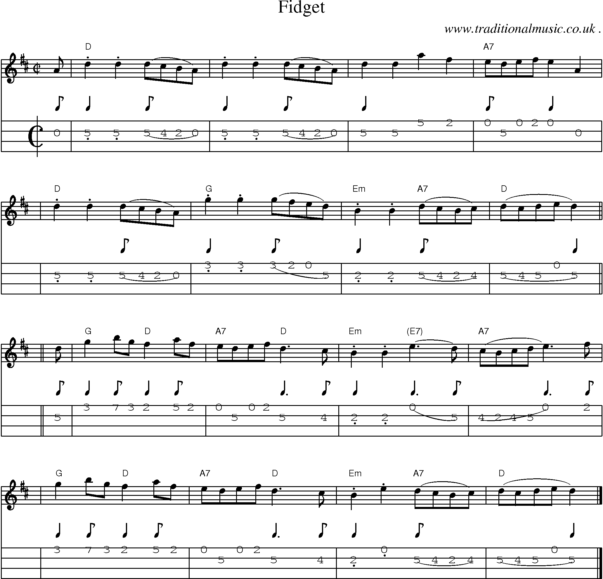 Sheet-music  score, Chords and Mandolin Tabs for Fidget