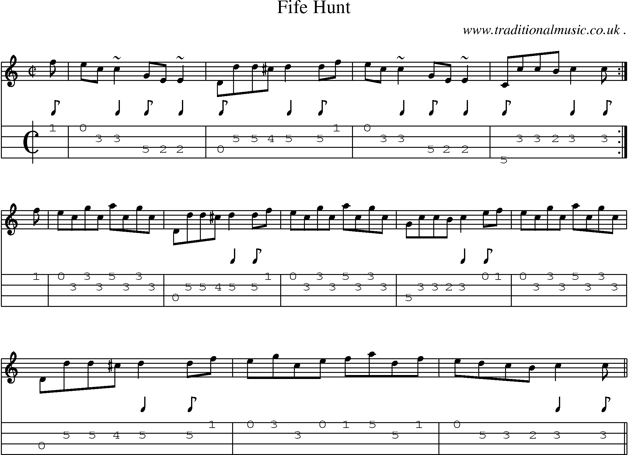 Sheet-music  score, Chords and Mandolin Tabs for Fife Hunt