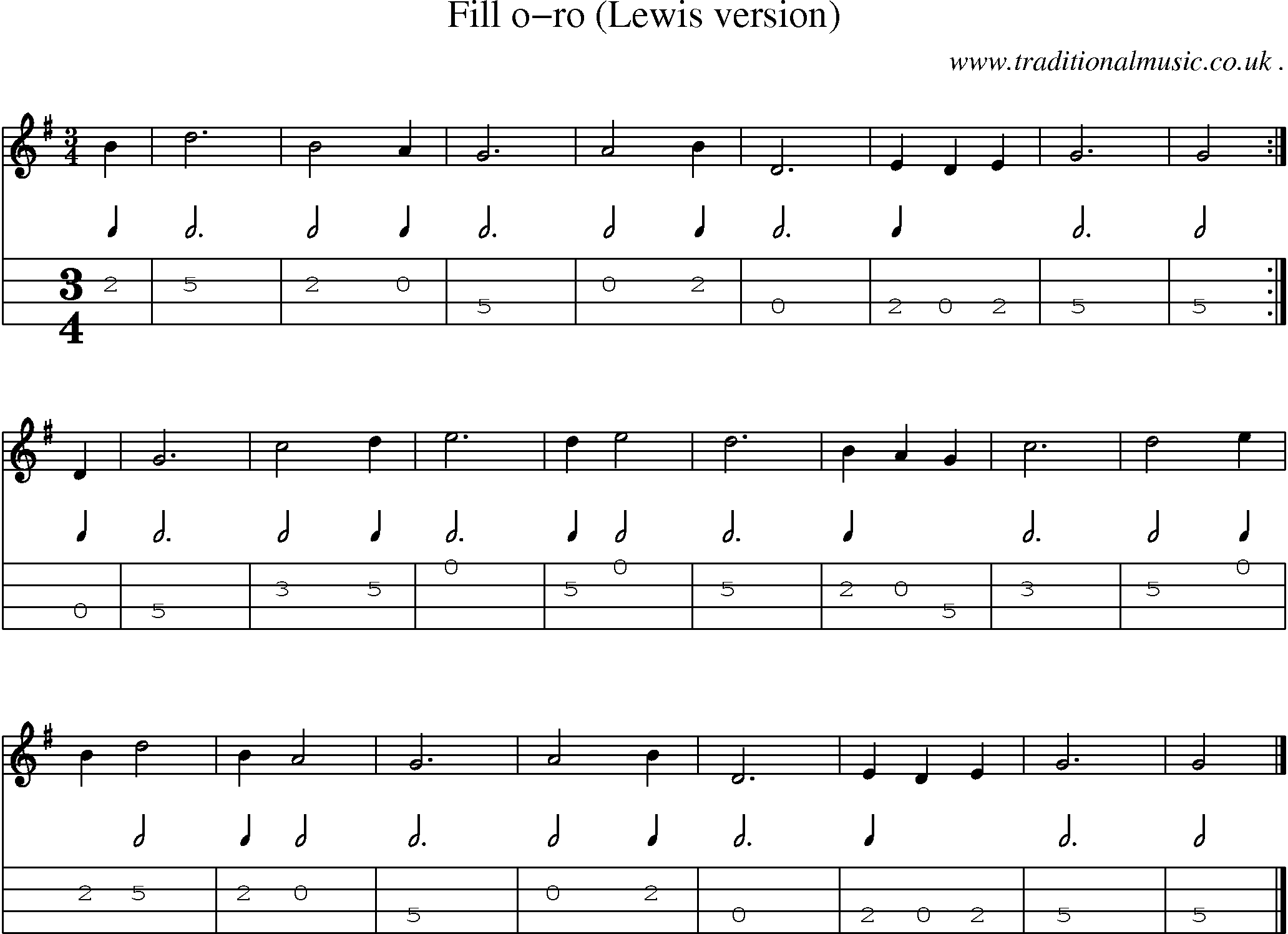 Sheet-music  score, Chords and Mandolin Tabs for Fill O-ro Lewis Version