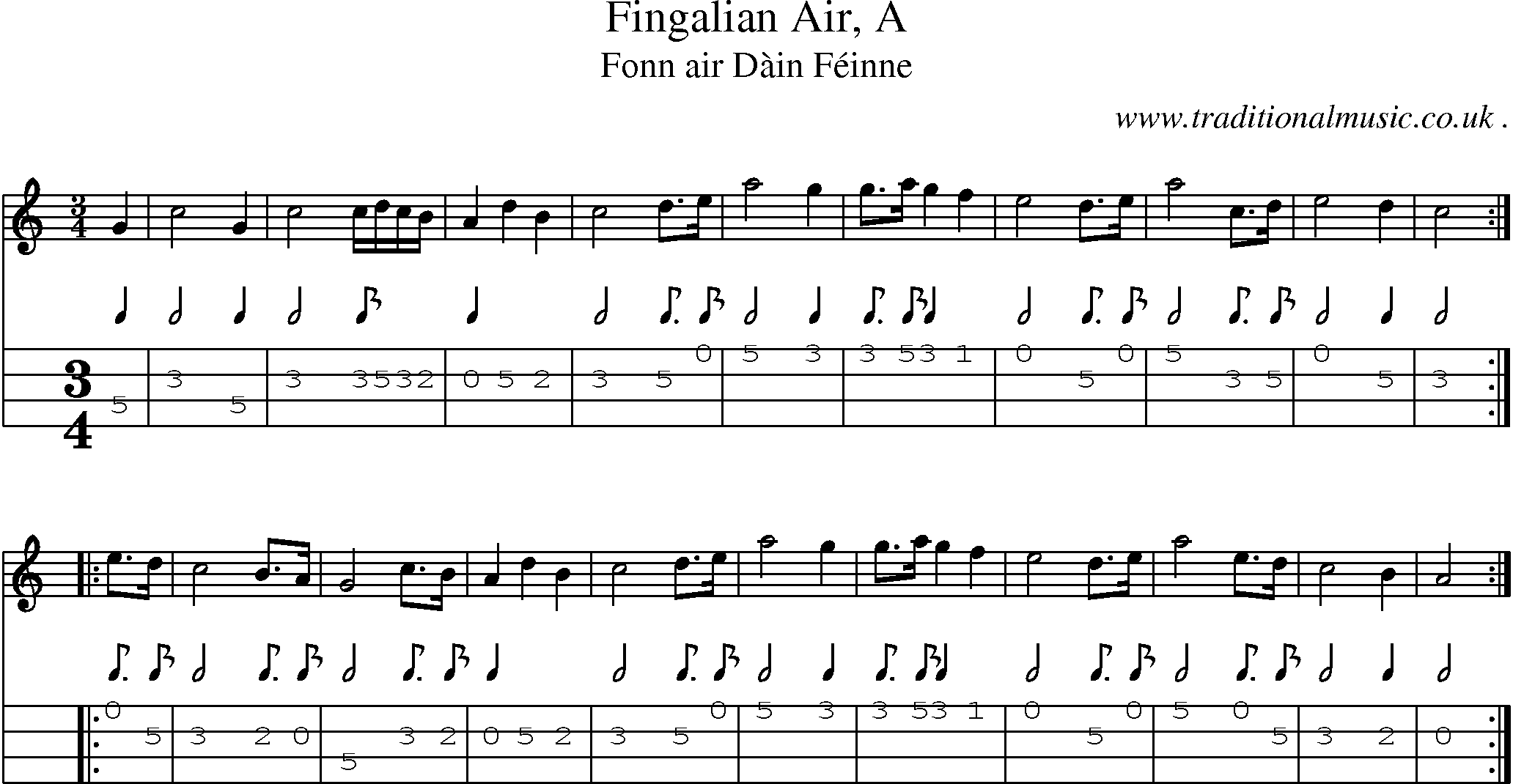 Sheet-music  score, Chords and Mandolin Tabs for Fingalian Air A