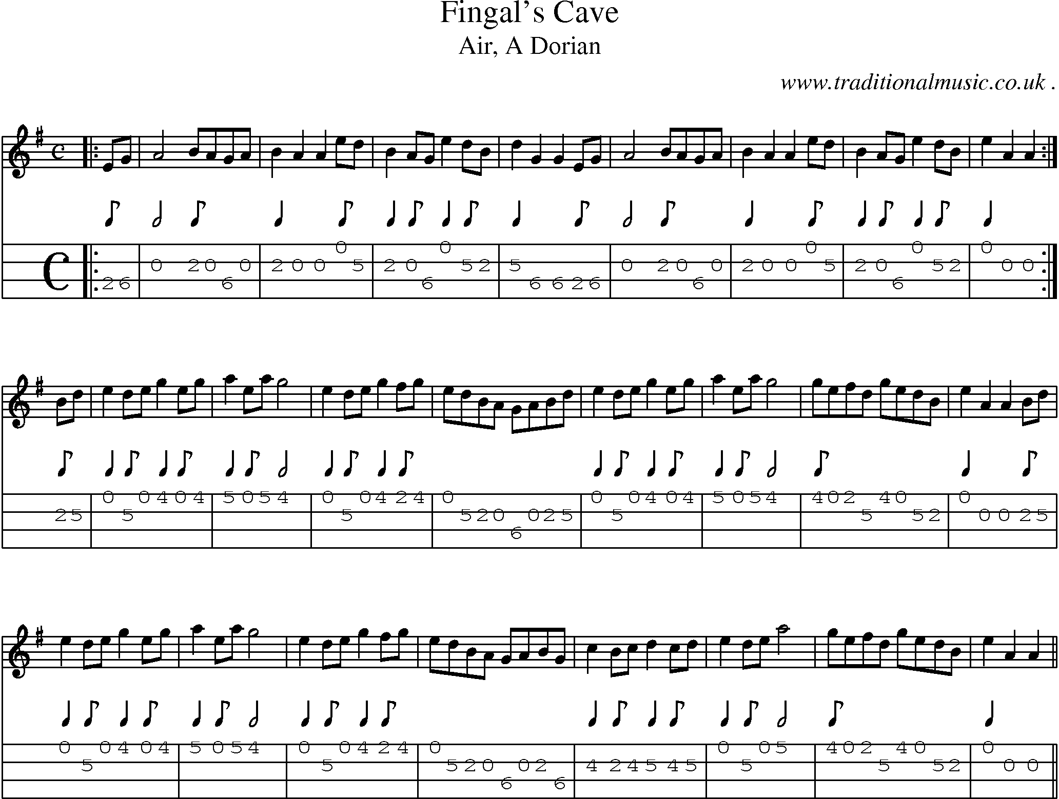 Sheet-music  score, Chords and Mandolin Tabs for Fingals Cave