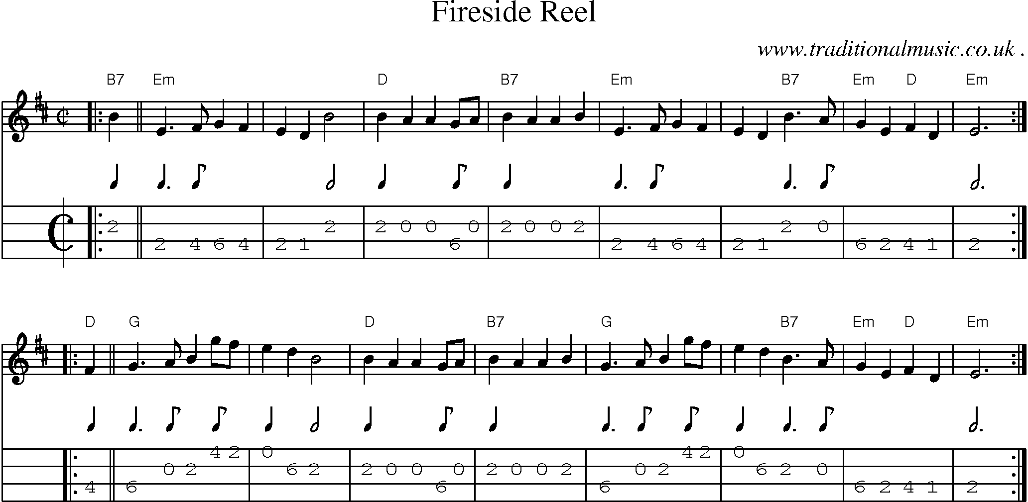 Sheet-music  score, Chords and Mandolin Tabs for Fireside Reel