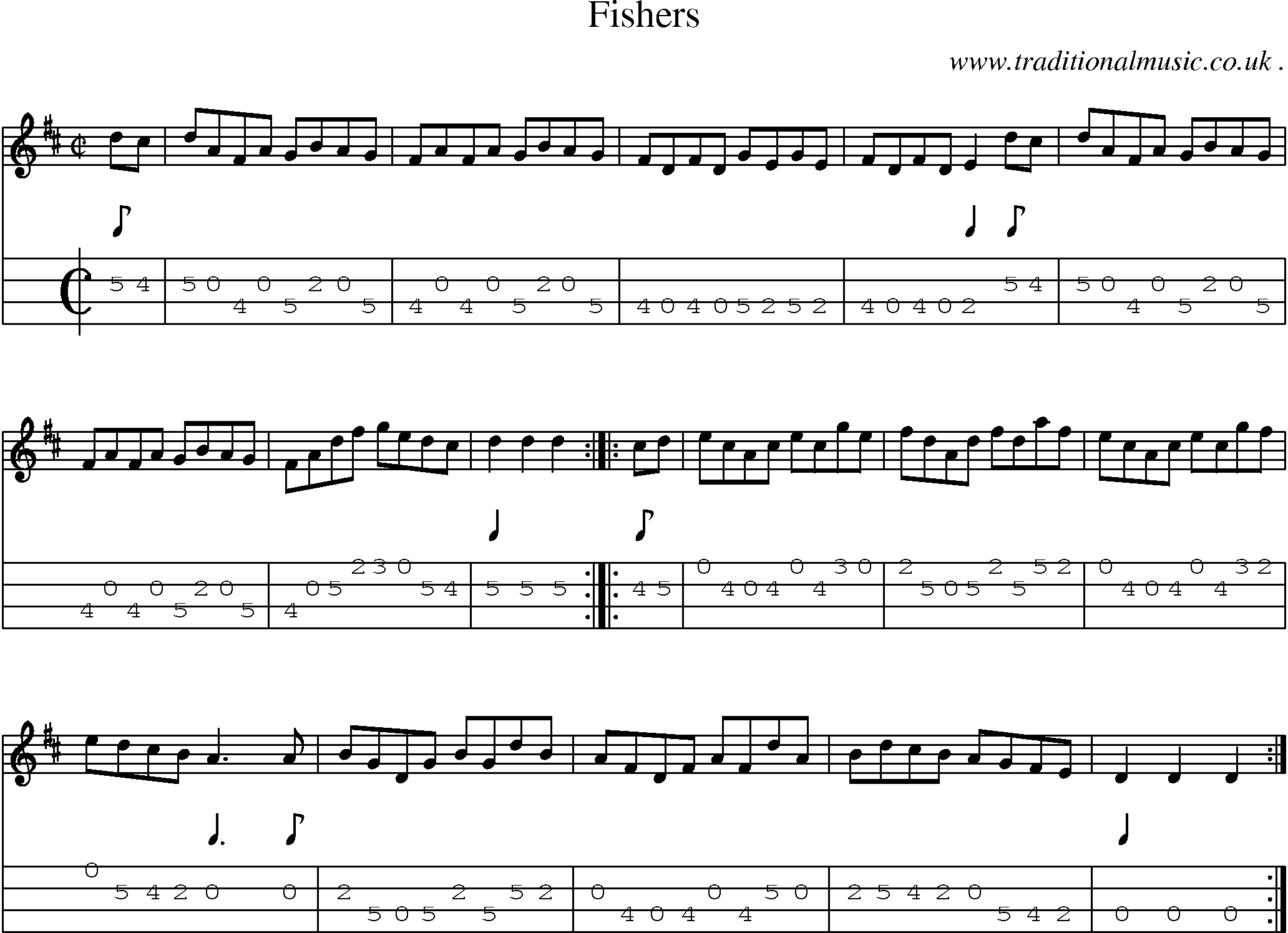 Sheet-music  score, Chords and Mandolin Tabs for Fishers